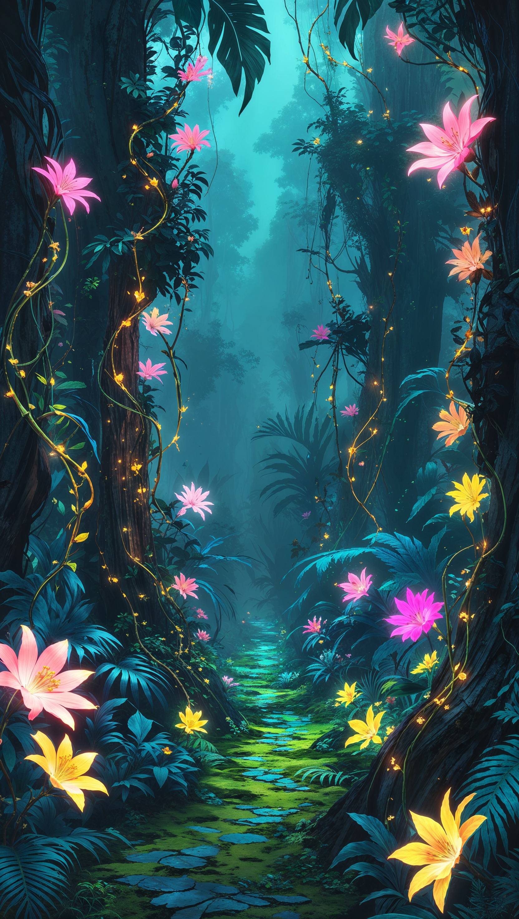Stylized fantasy jungle with glowing flowers and vines, vertical frame