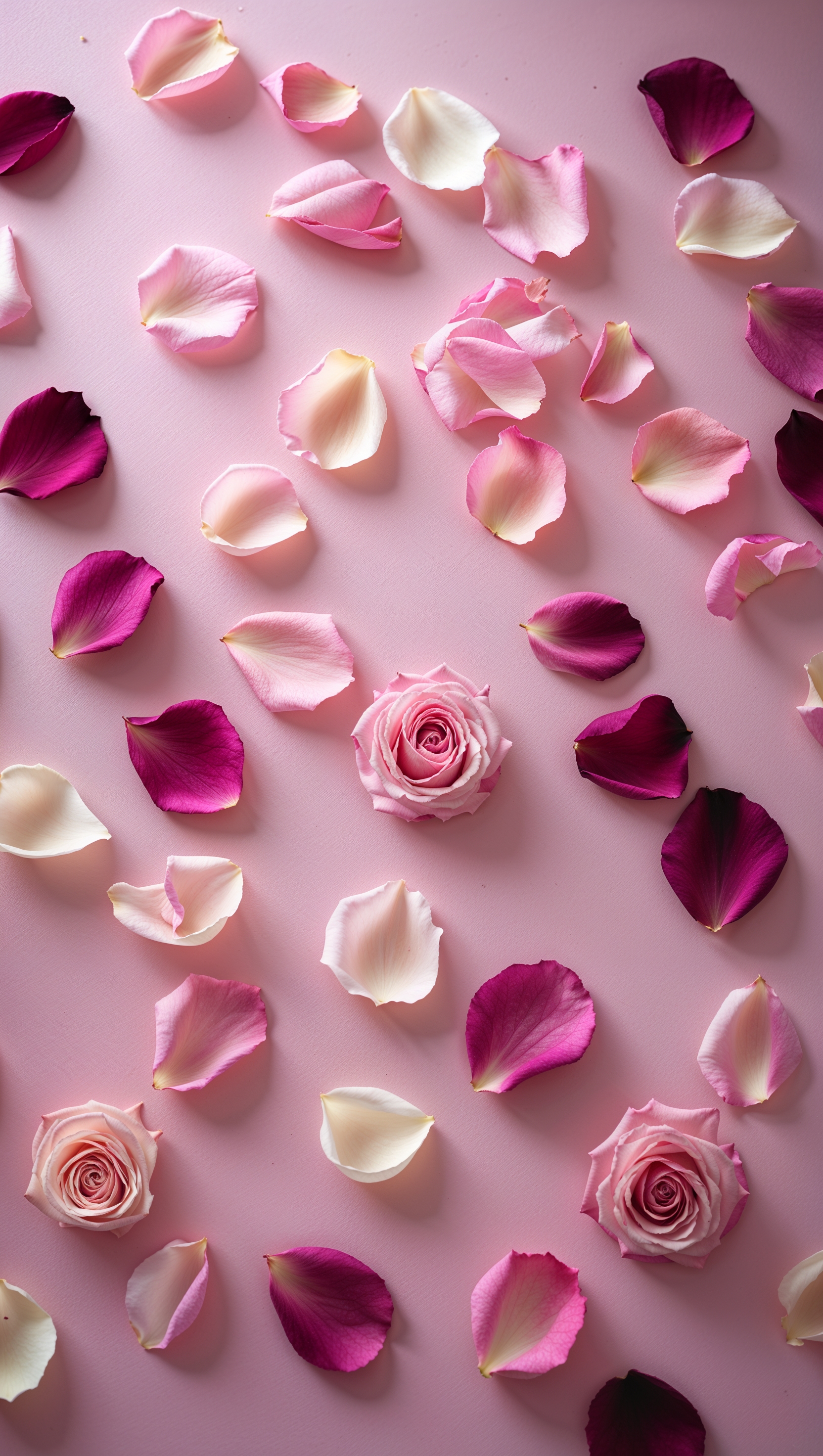 Romantic rose petals scattered on soft pink background, dreamy look