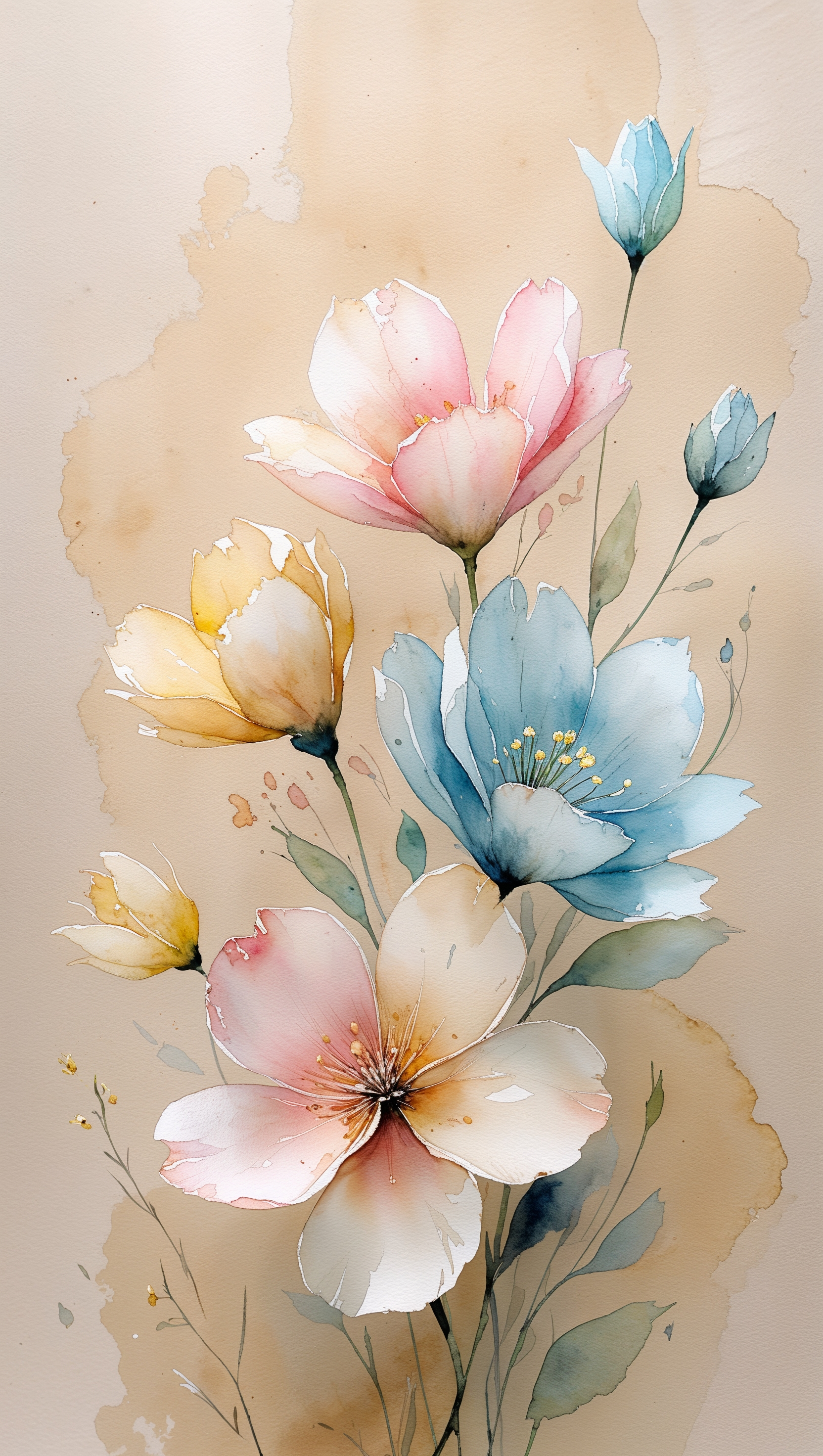 Aesthetic watercolor flowers in light tones, soft paper texture