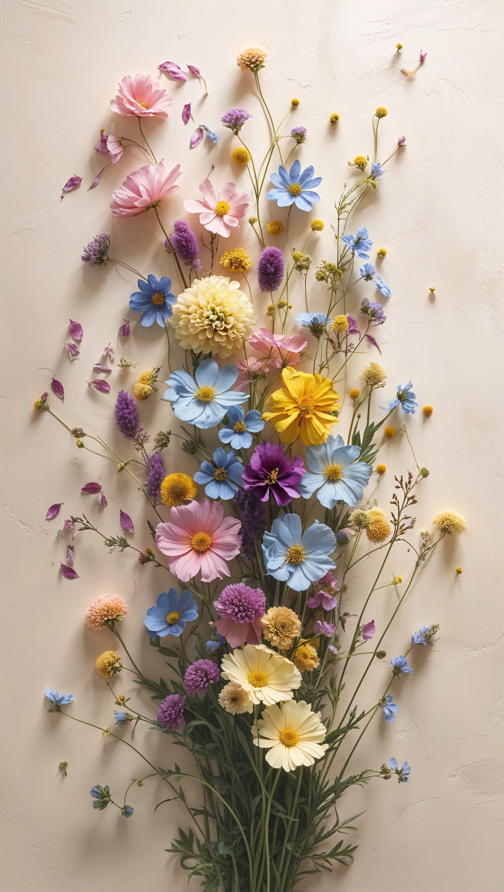 Flat-lay of wildflowers on a cream-colored background, vertical format