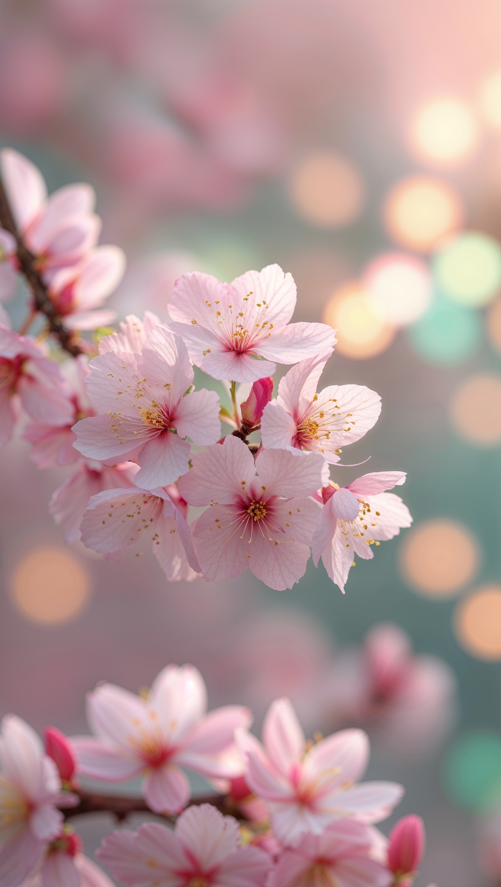 Close-up of cherry blossoms with blurred bokeh light, spring vibes