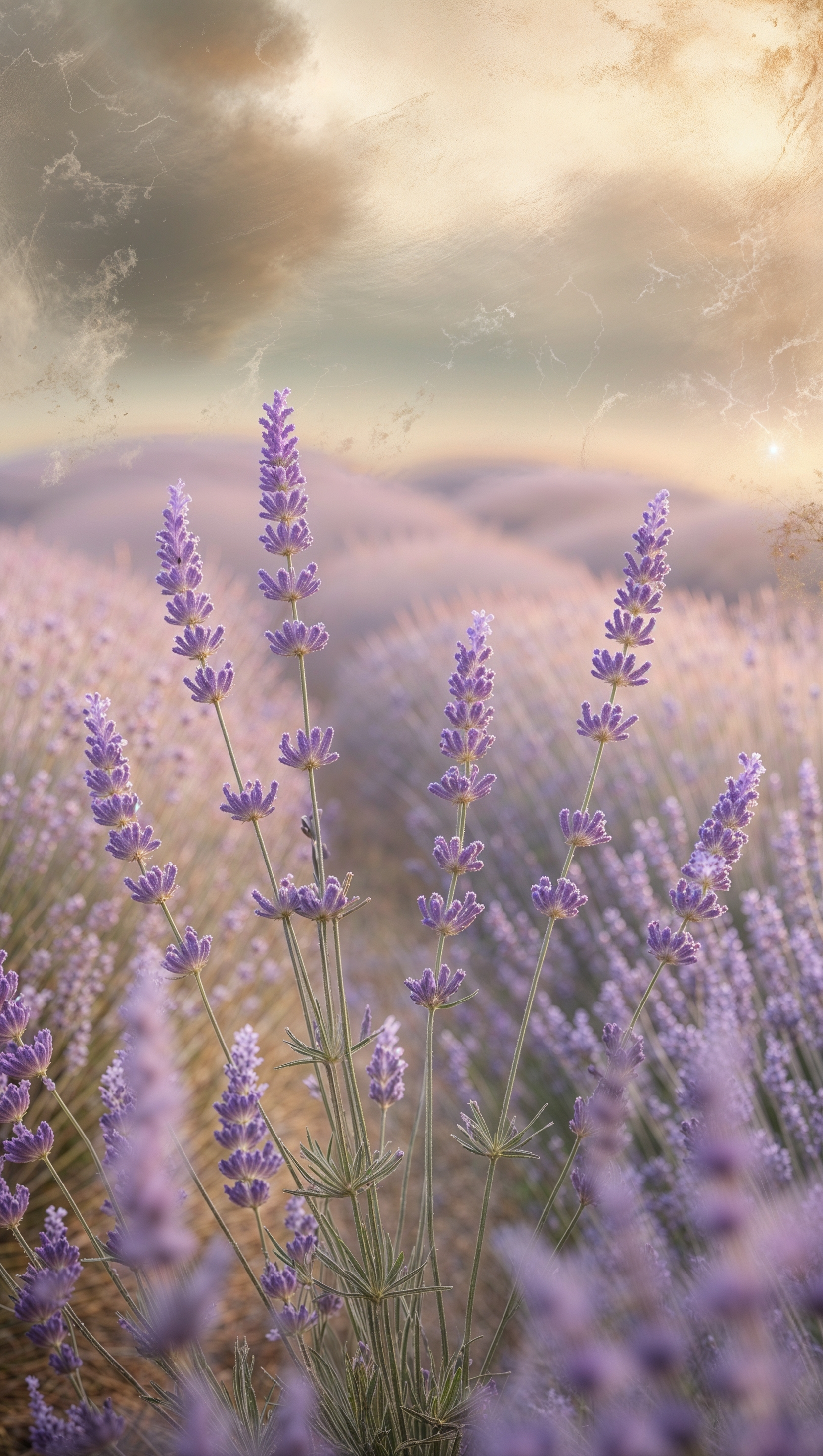 Muted lavender field in soft focus, peaceful and vintage tone