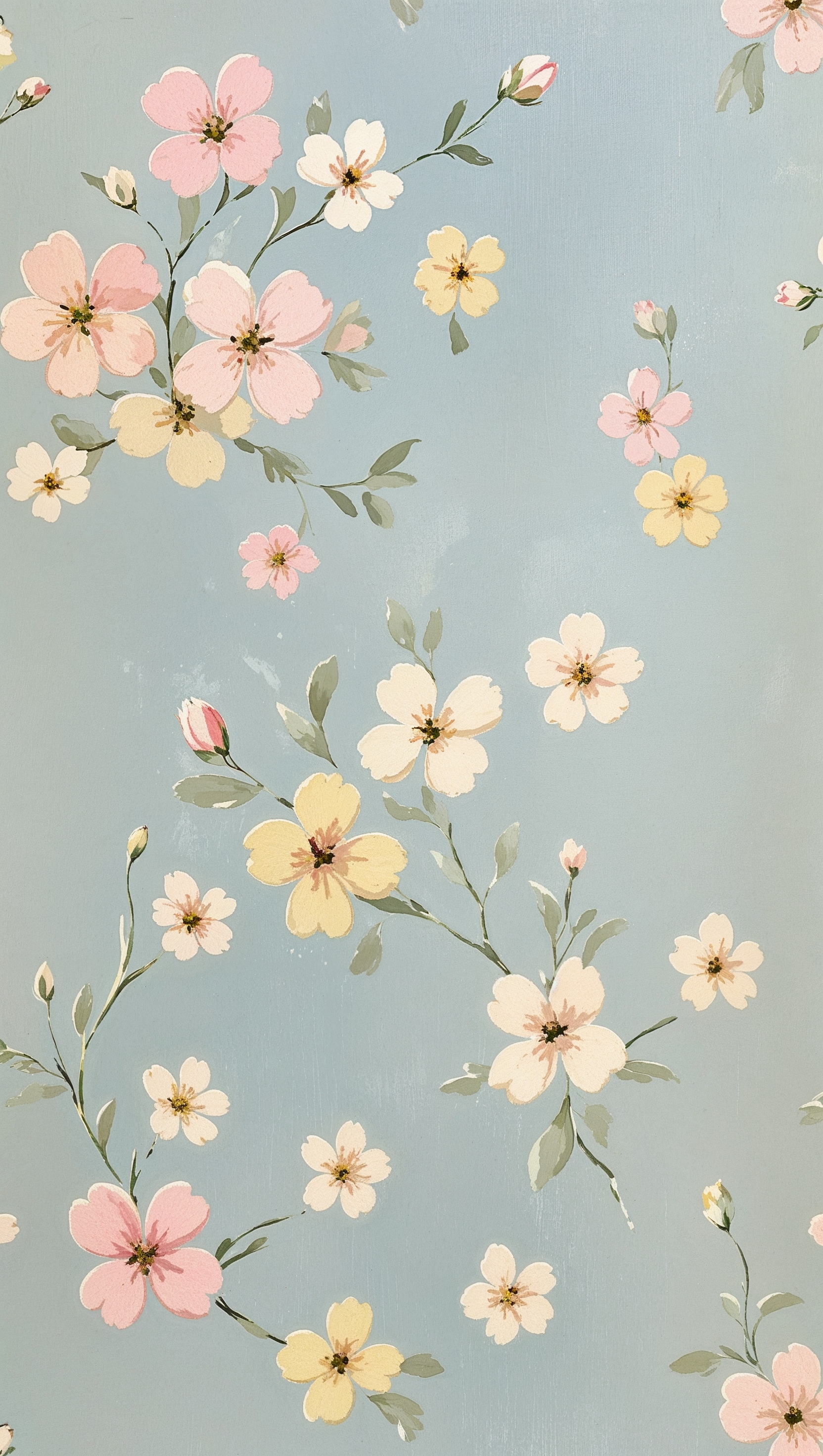 Floral wallpaper with light blue background and scattered tiny blossoms