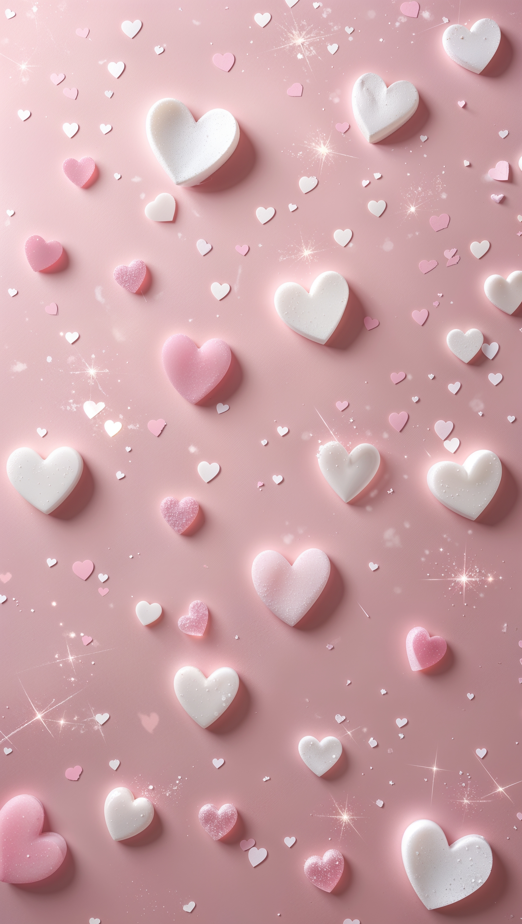 Cute pastel pink background with scattered white hearts and sparkles