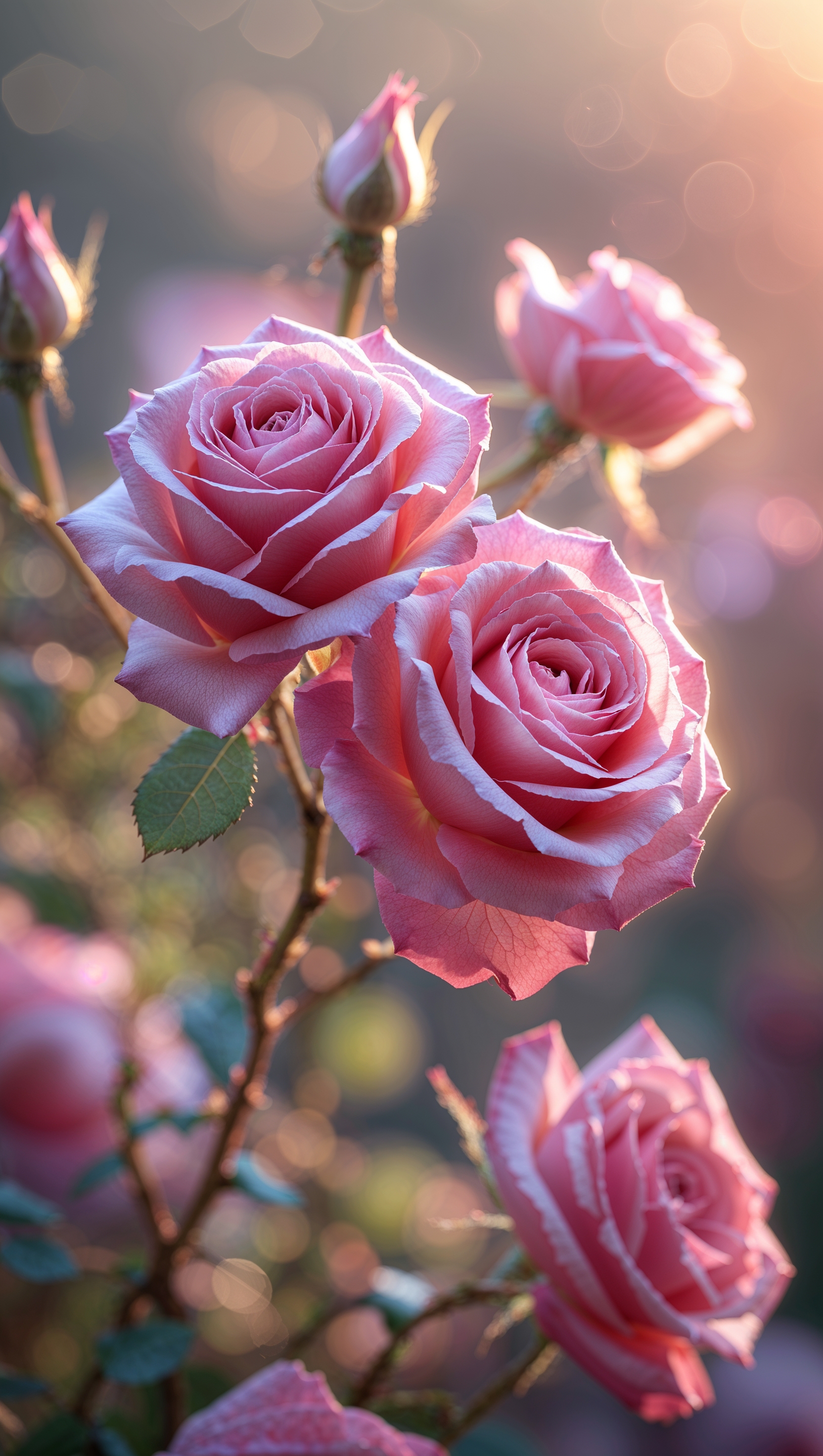 Close-up of pink roses with soft sunlight and gentle bokeh background