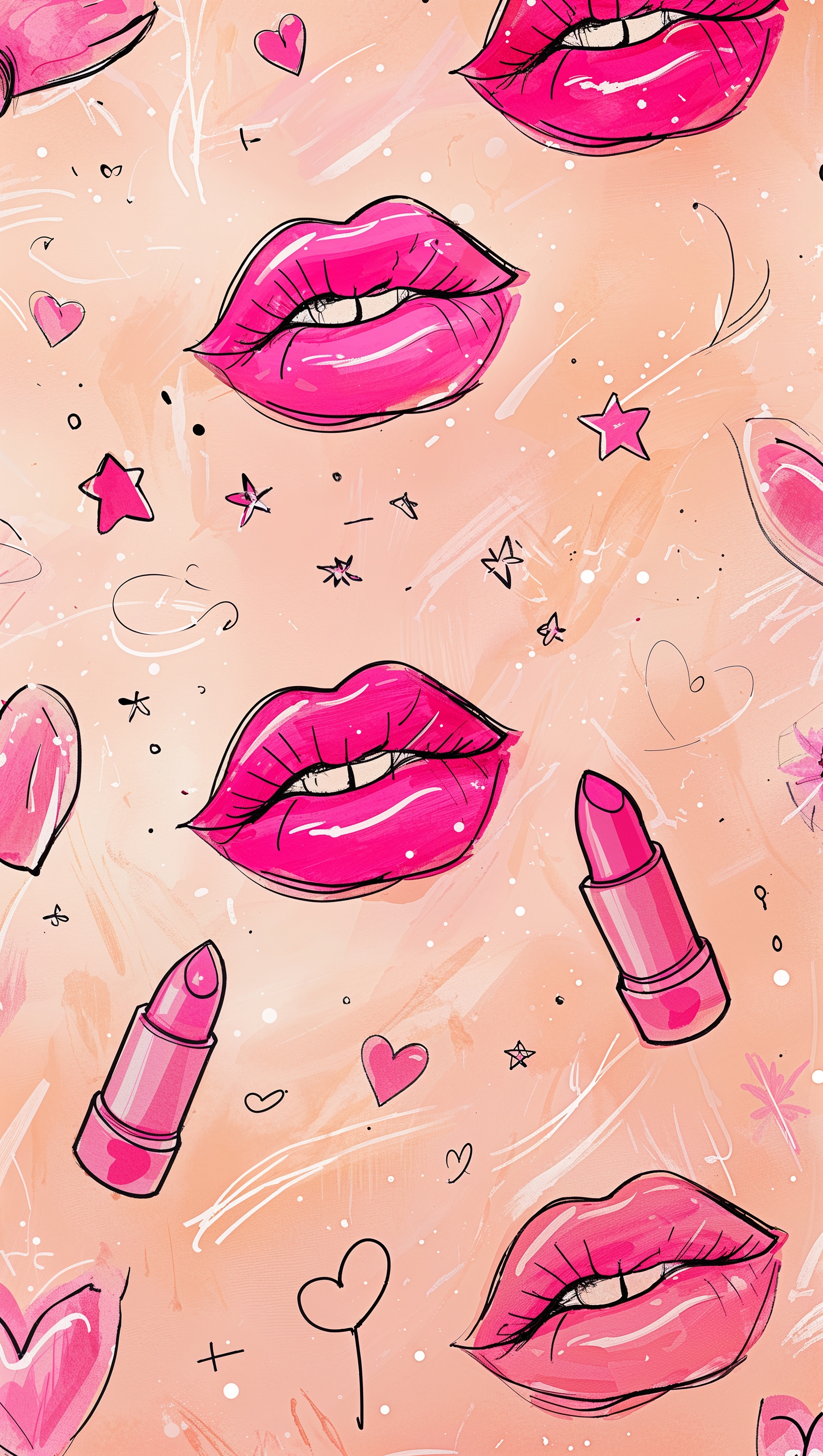 Girly doodles of lipstick, hearts, and stars on soft peach background