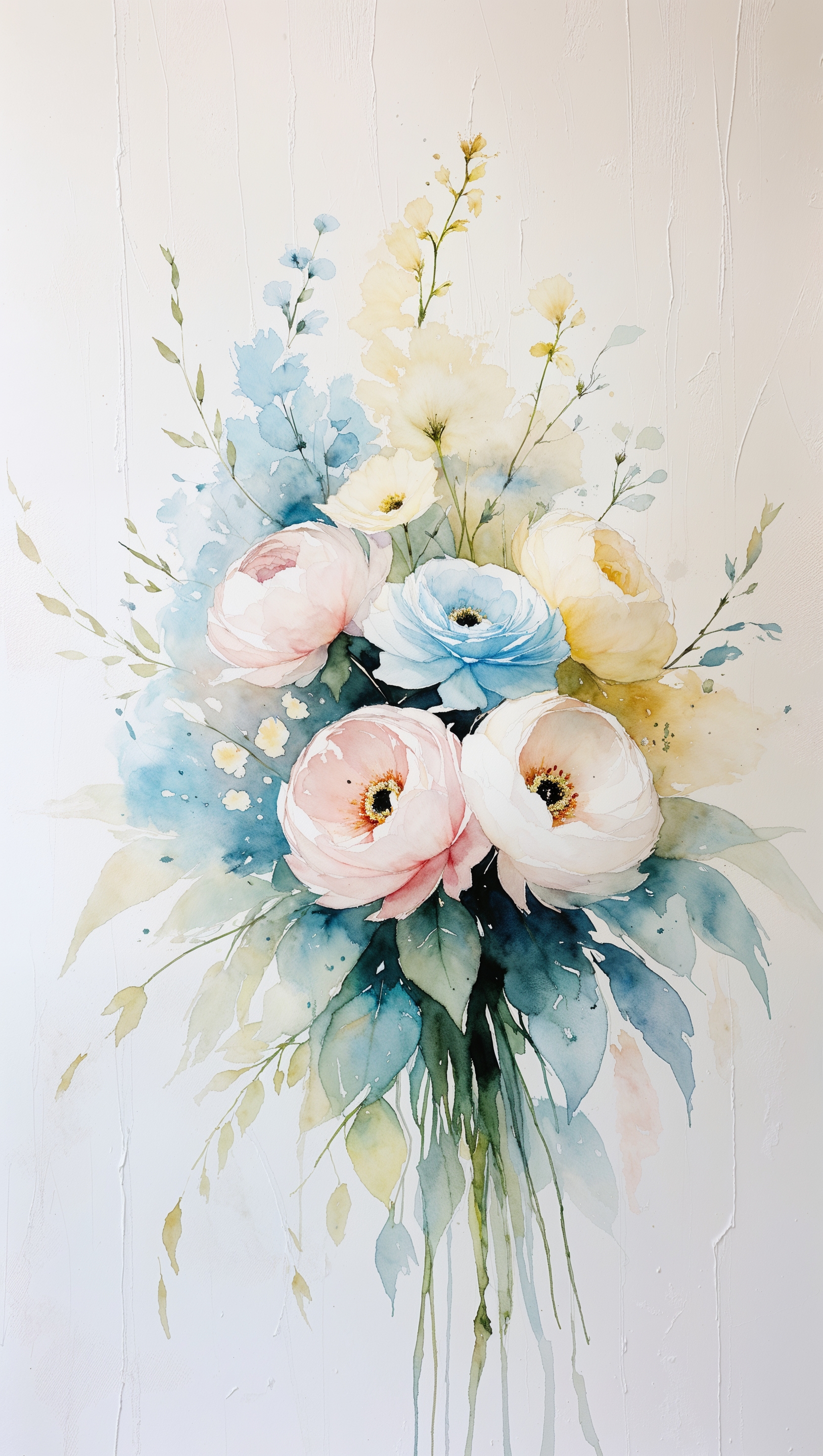 Watercolor floral bouquet in pastel tones on white vertical background