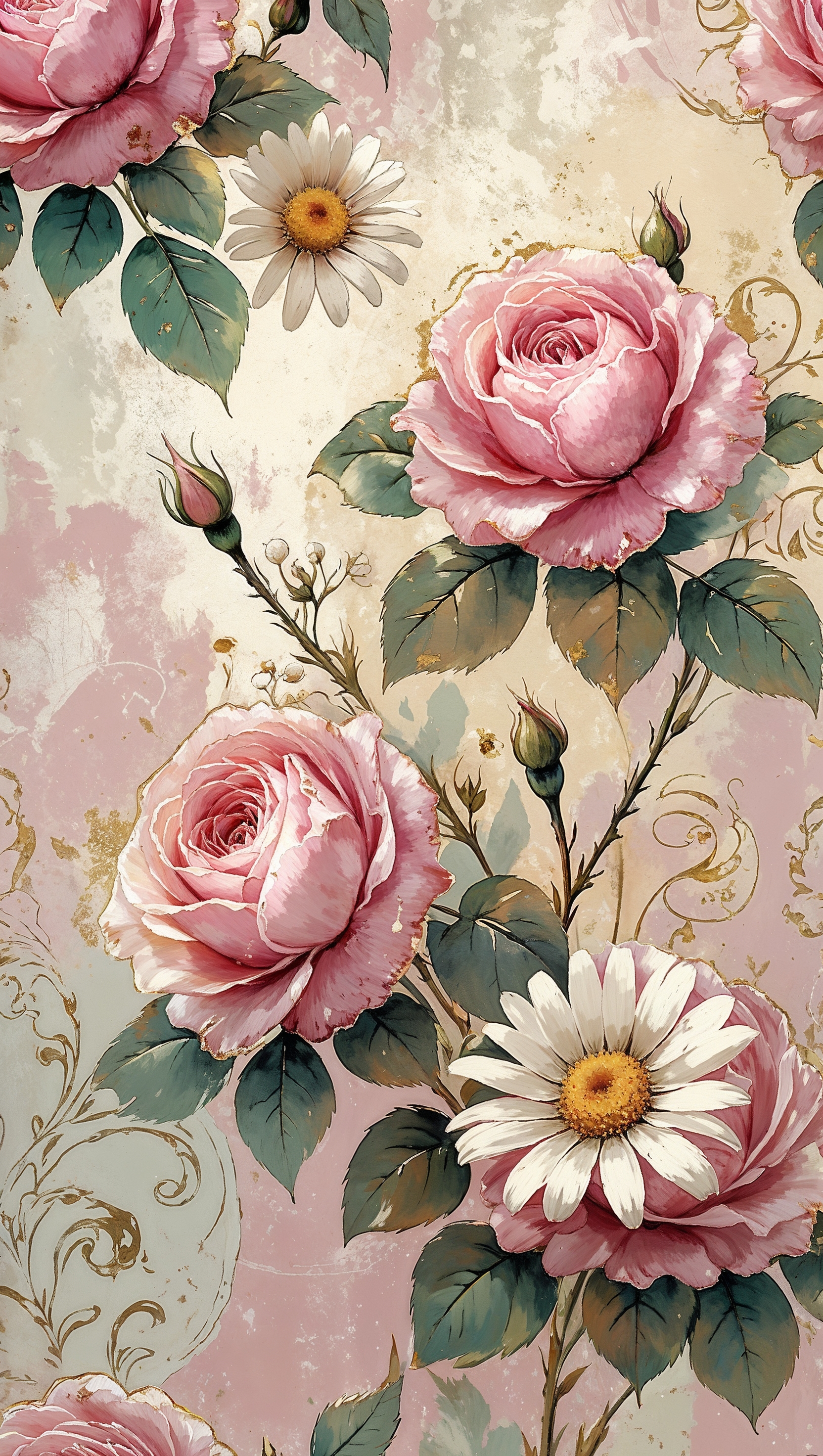Vintage floral wallpaper with roses and daisies in muted pink and cream