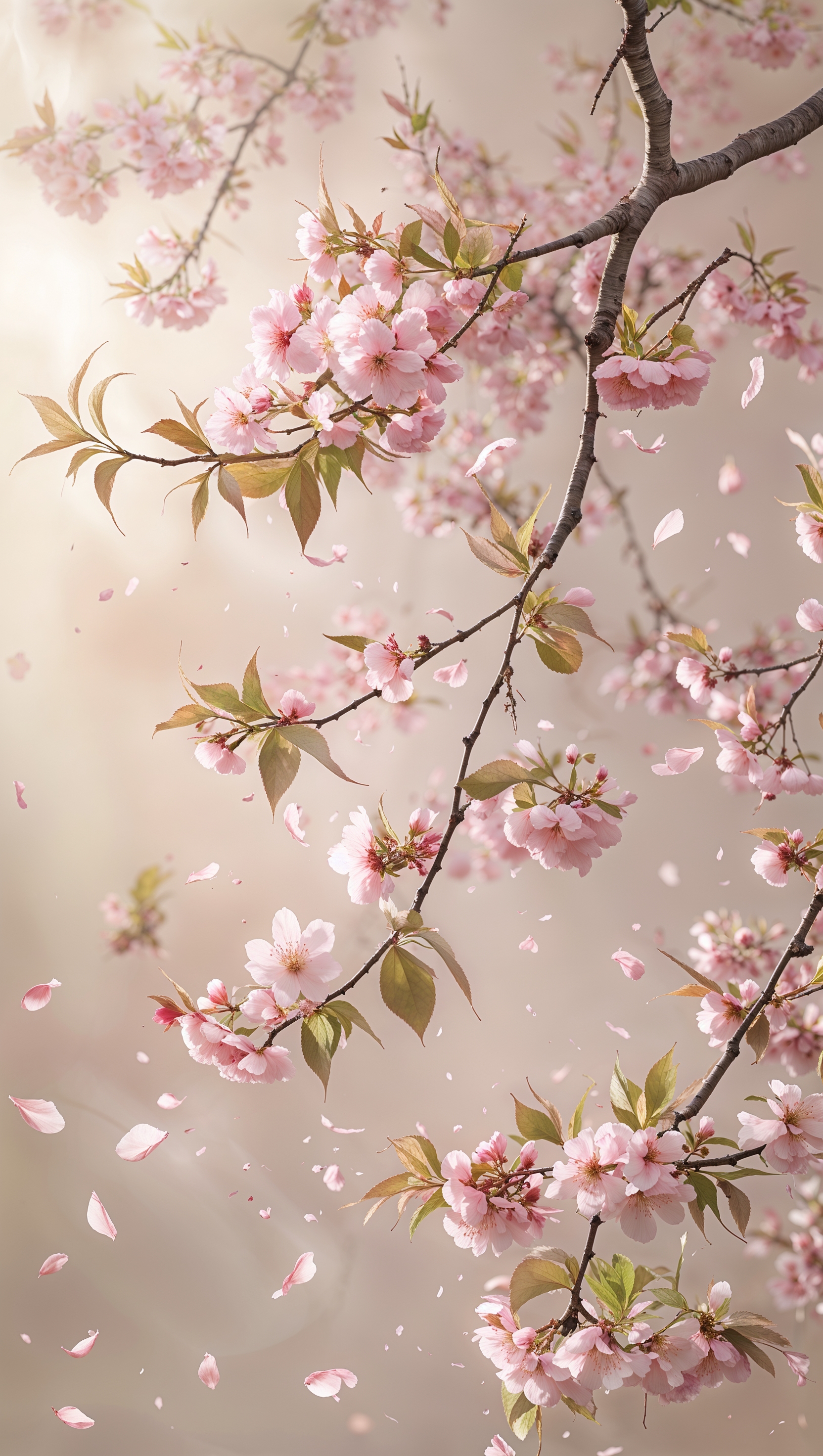 Delicate cherry blossom branches with falling petals on soft pink
