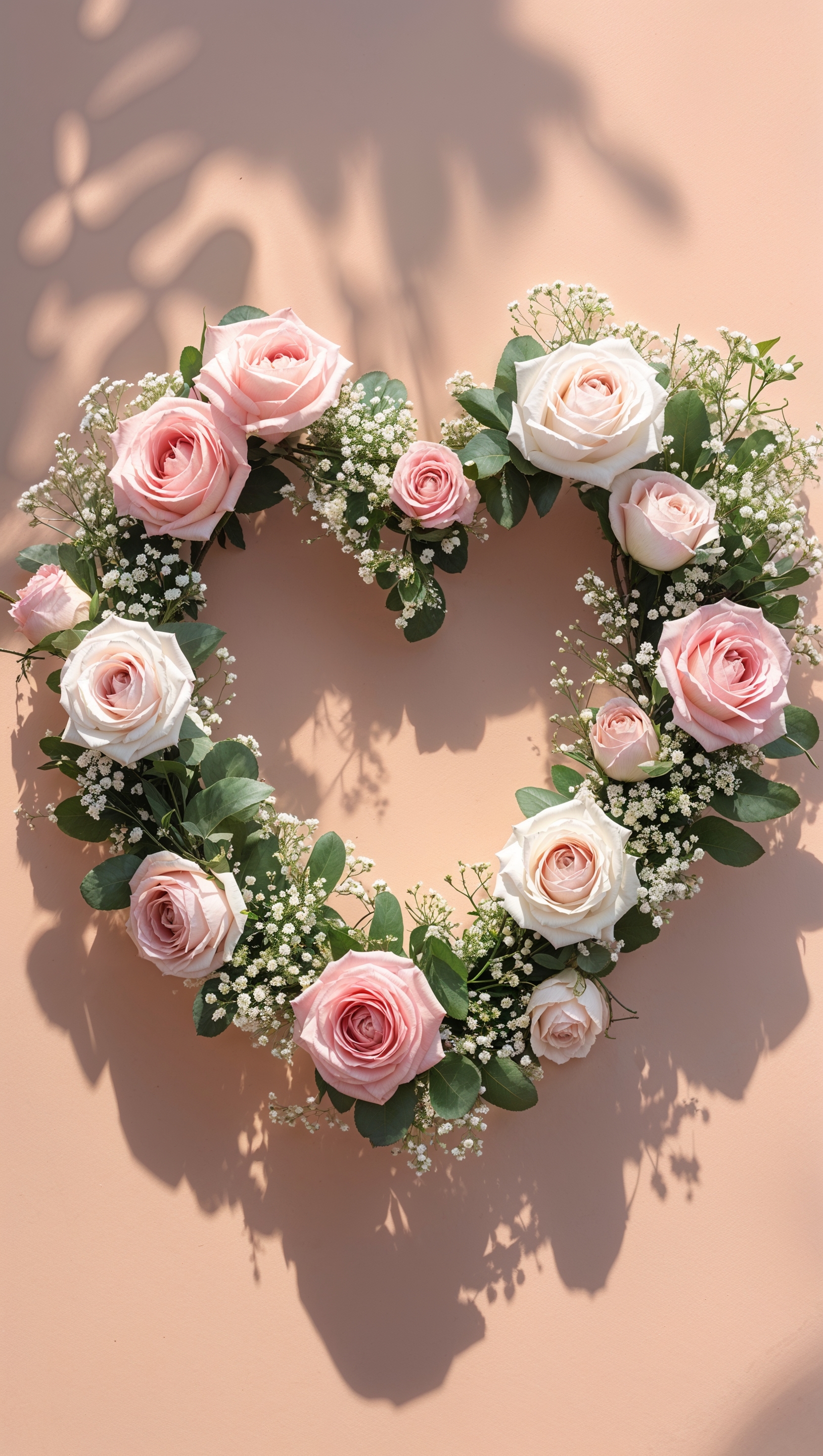 Romantic heart-shaped flower arrangement on light peach background