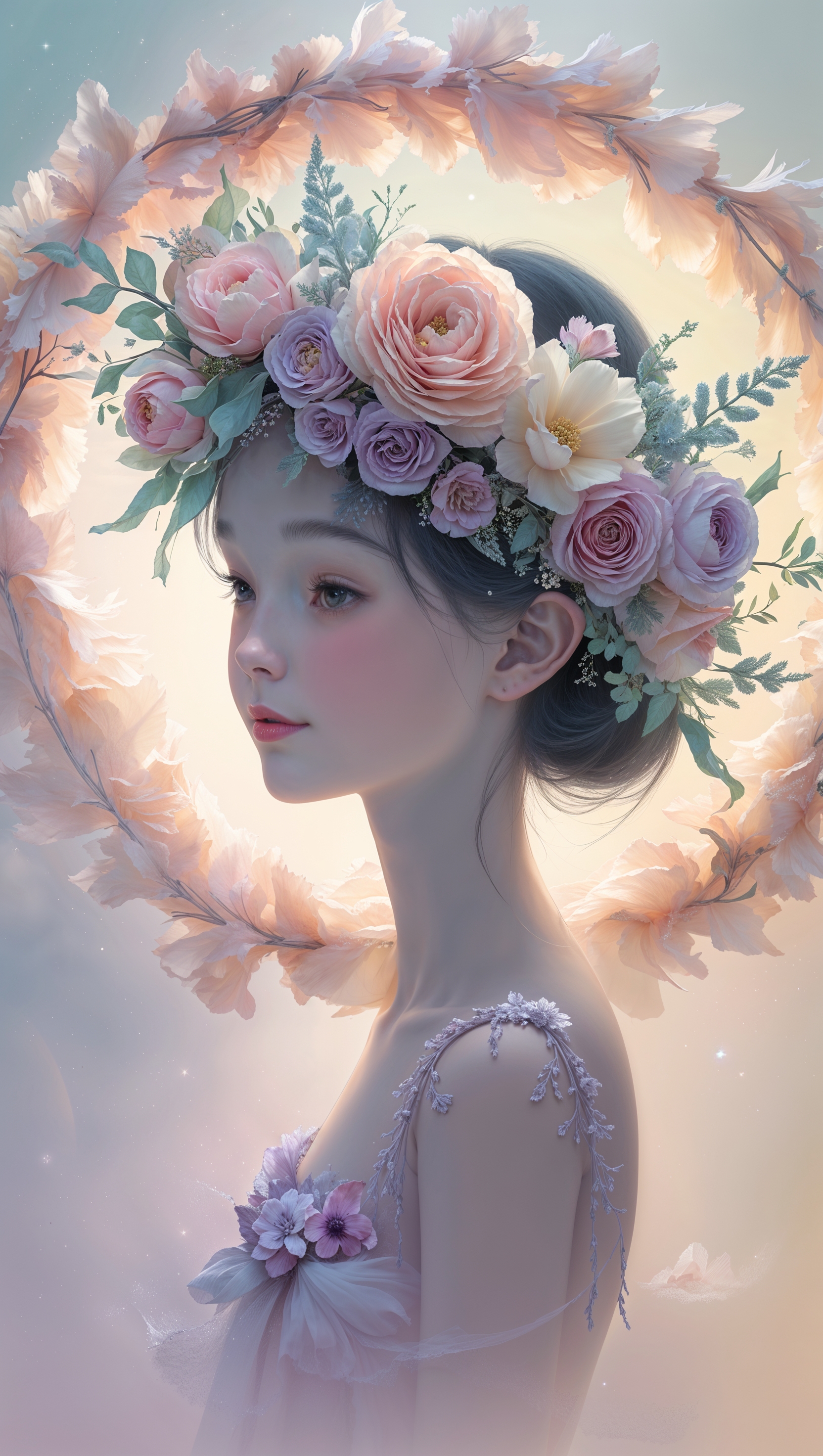 Elegant girl silhouette with floral crown surrounded by soft petals