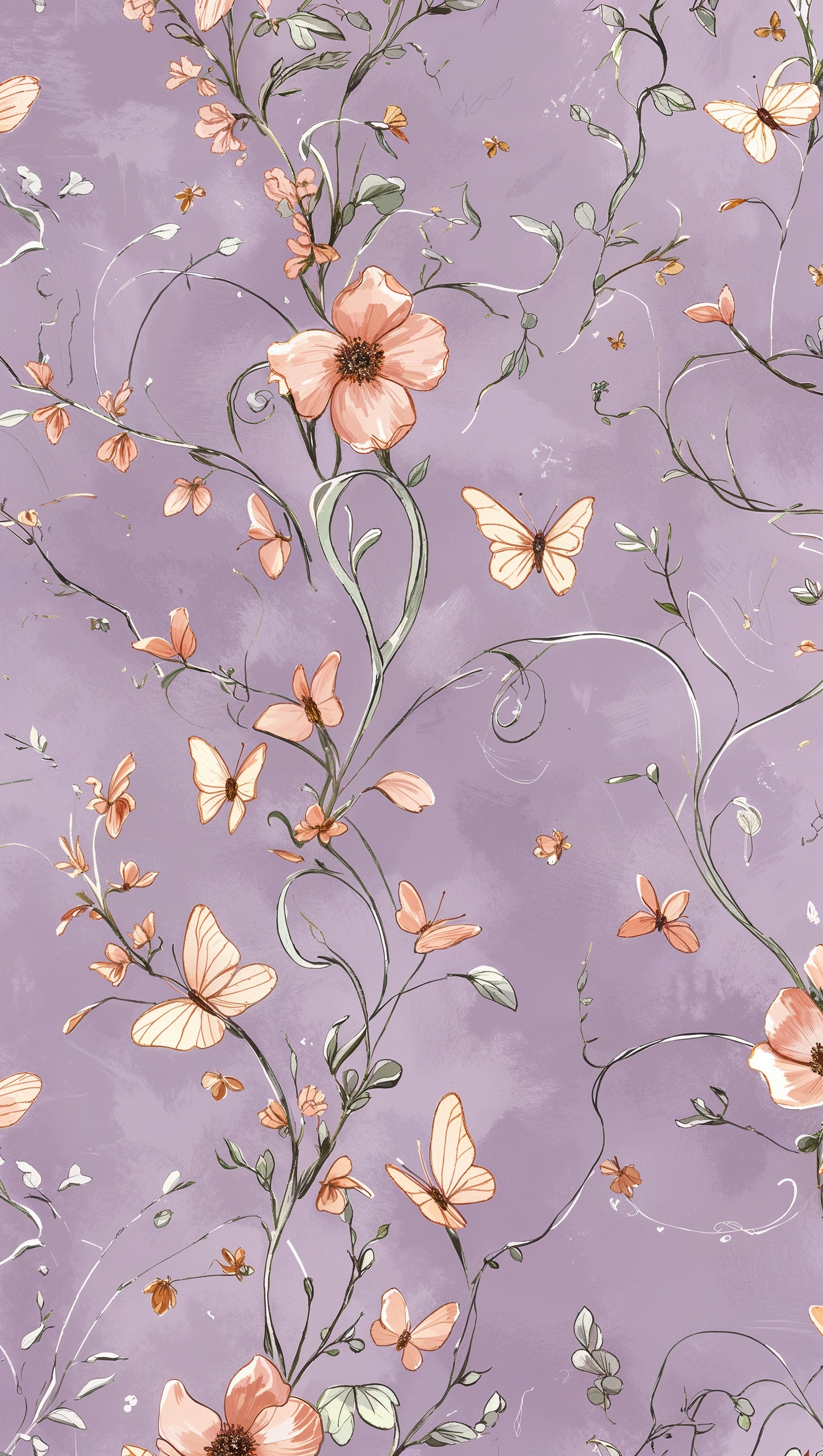 Hand-drawn floral pattern with tiny butterflies on pastel lilac