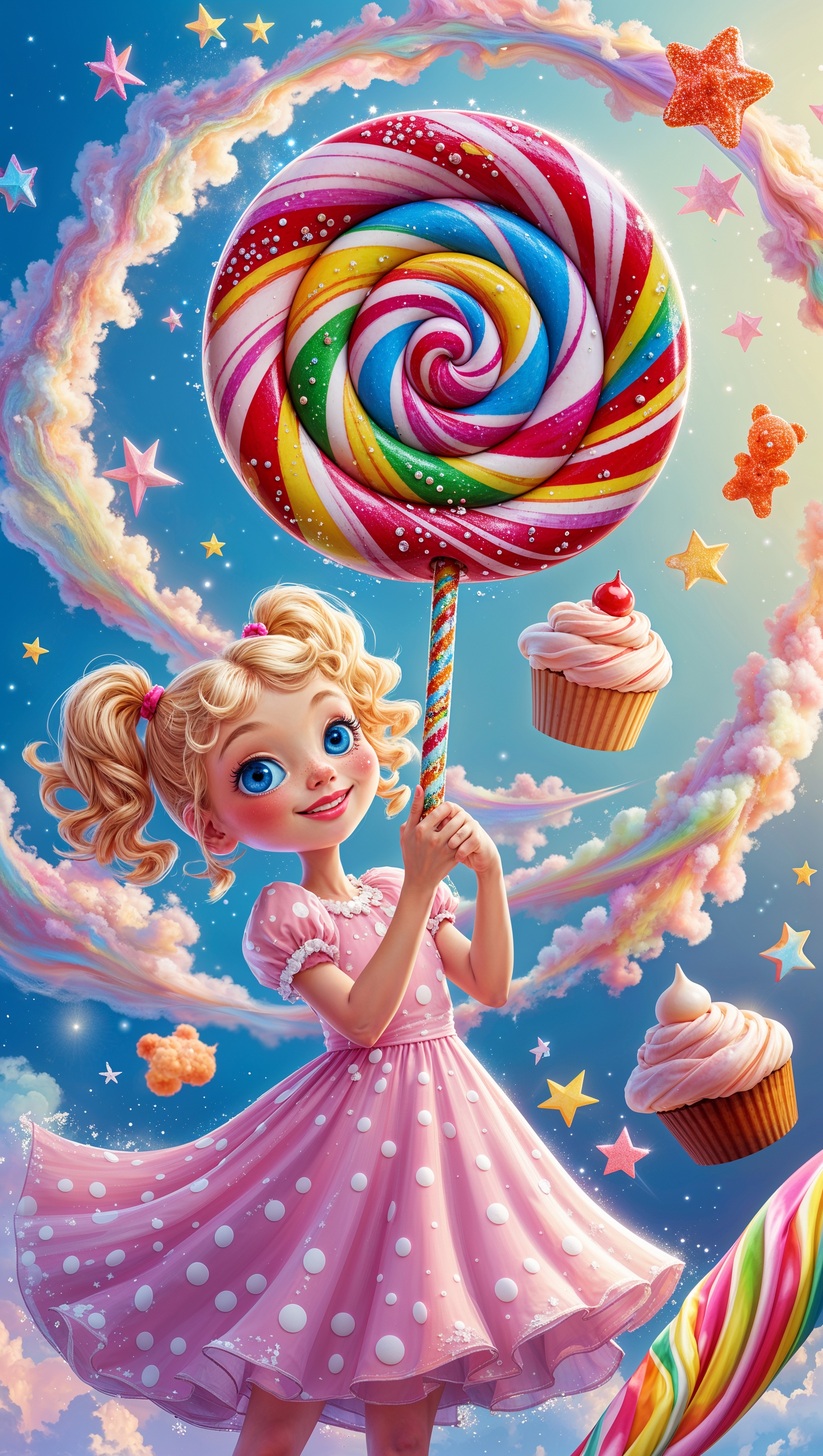 Cartoon girl holding a giant lollipop surrounded by candy and stars