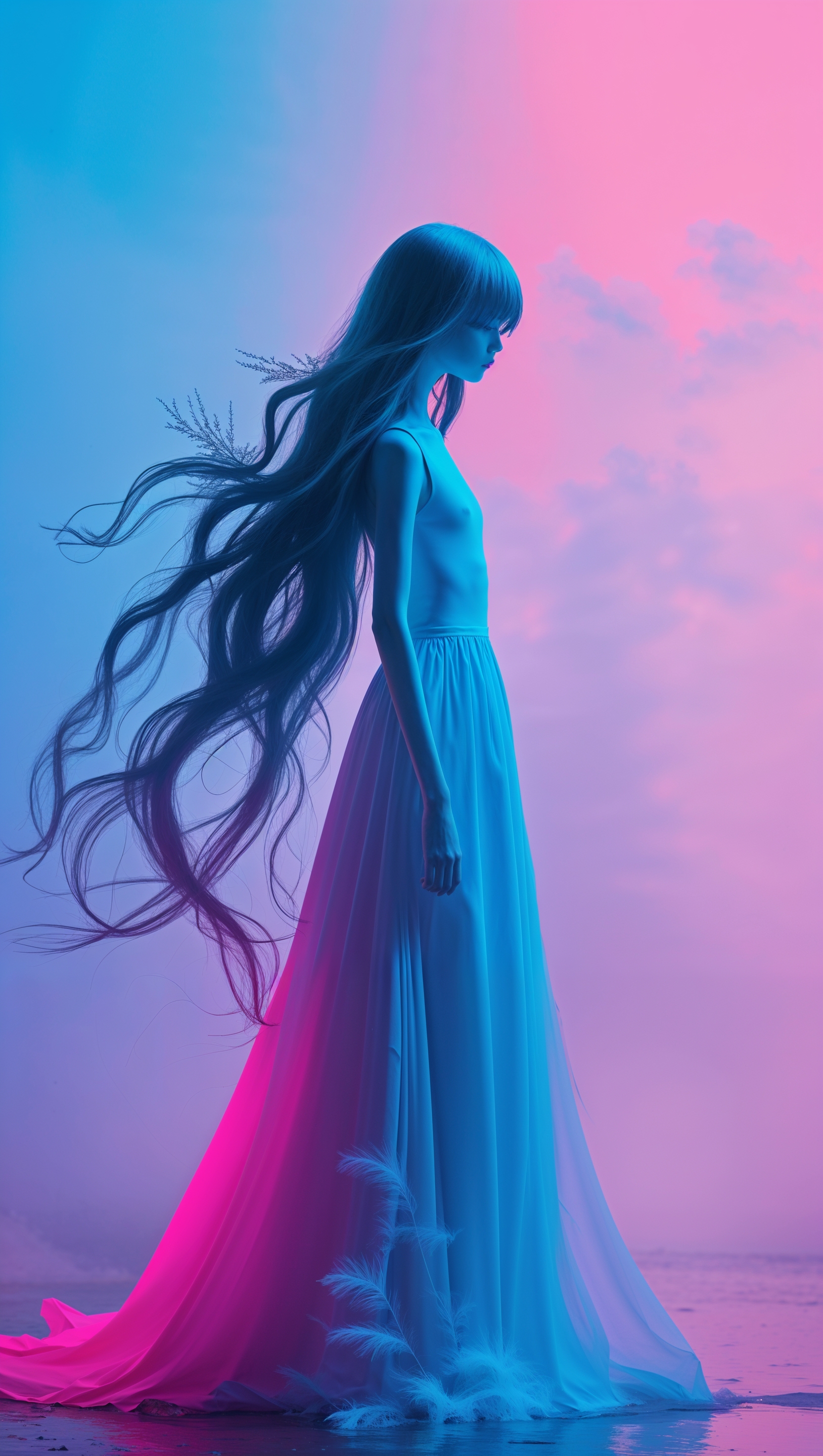 Girl silhouette with flowing hair in neon blue and pink gradient background