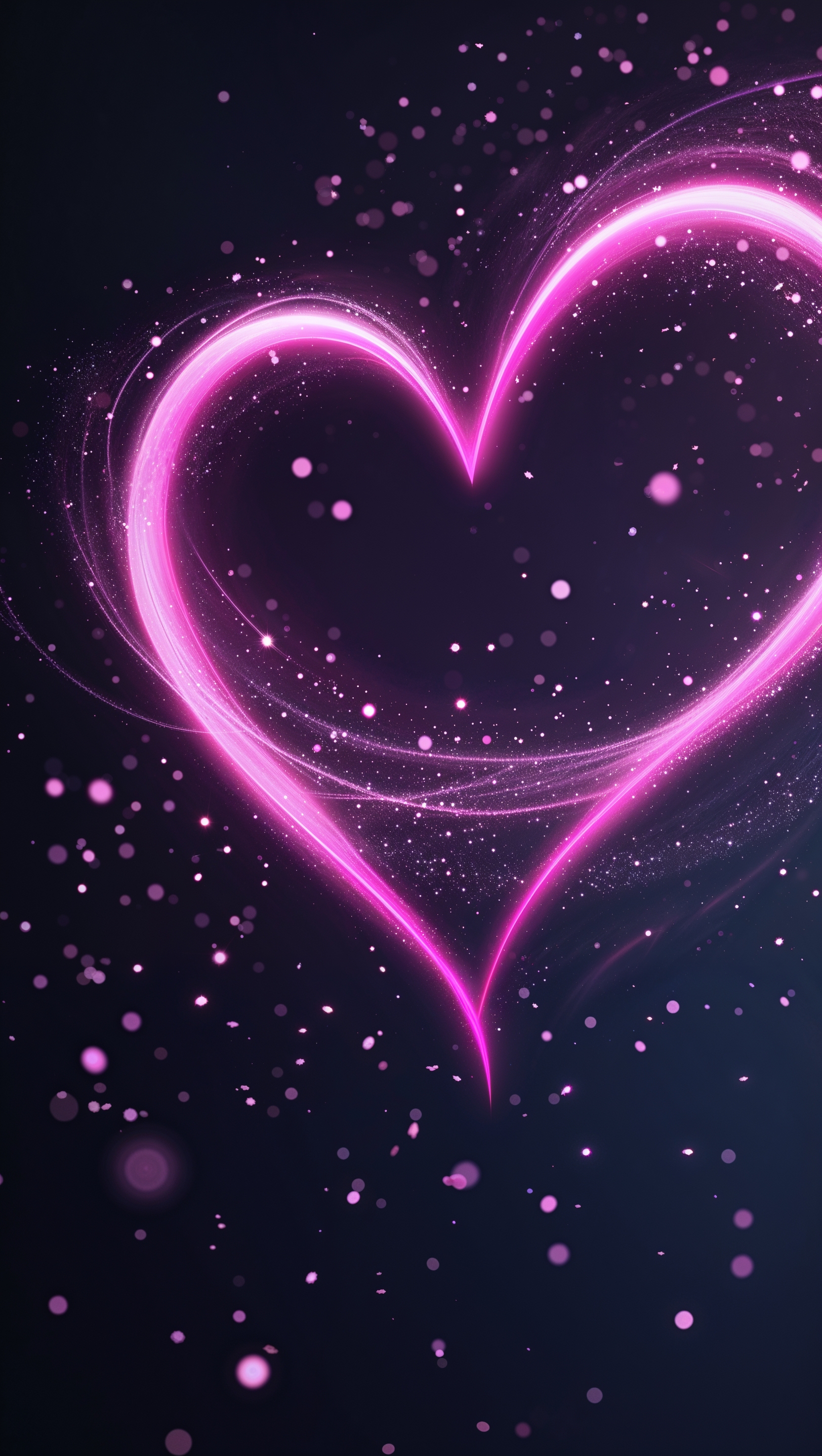Neon pink heart glowing on black background with sparkles
