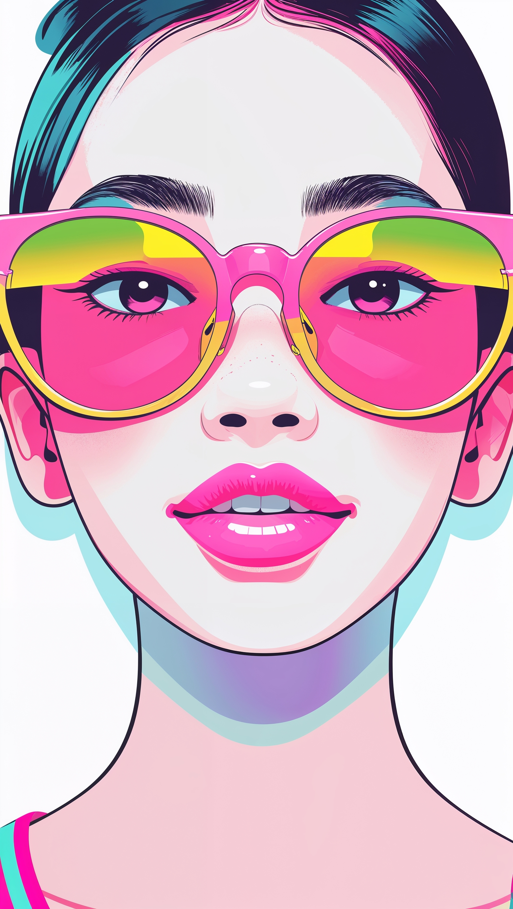 Flat digital illustration of girl with oversized sunglasses and pink lips
