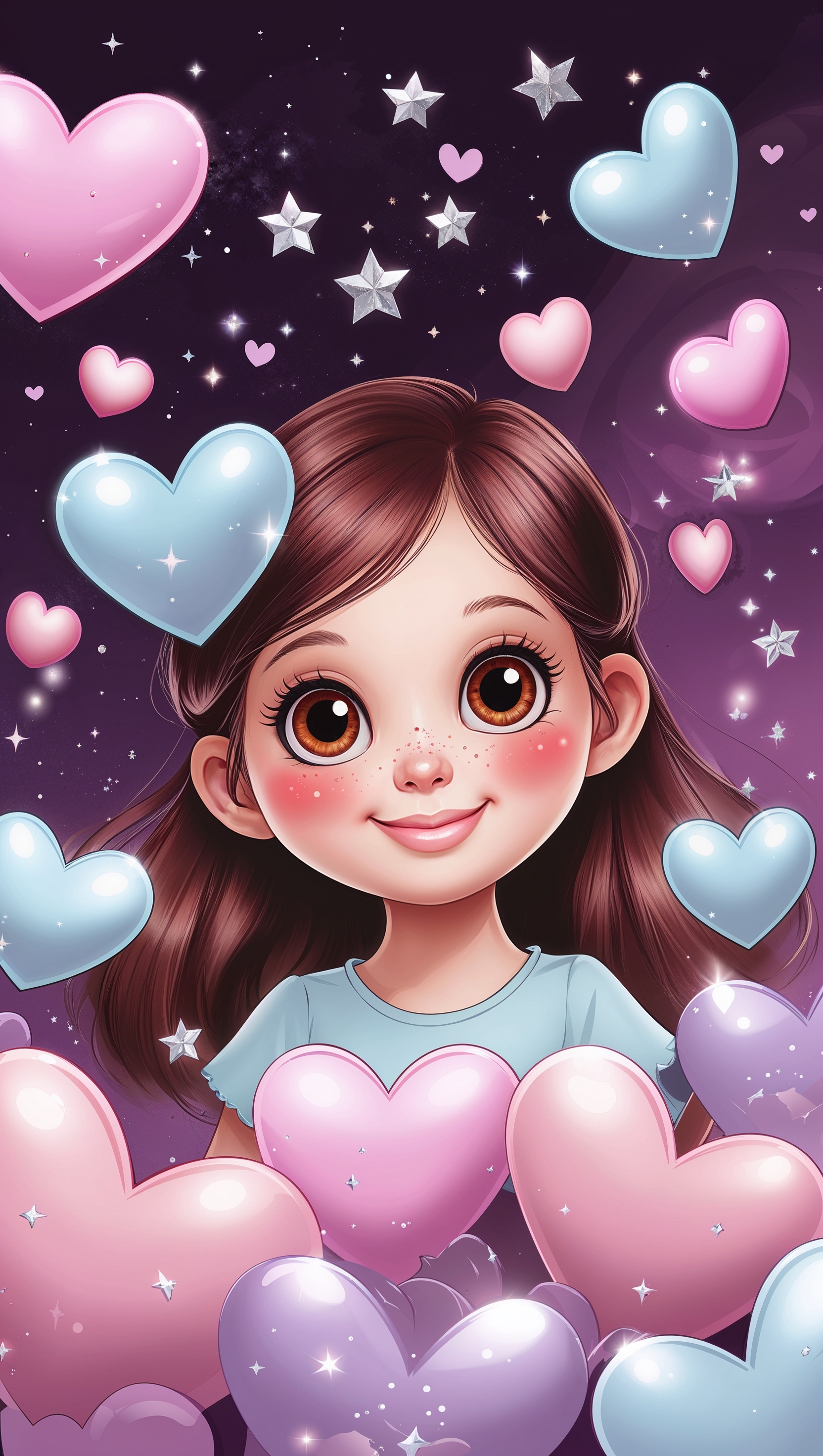 Cute cartoon girl surrounded by floating hearts and stars on dark purple