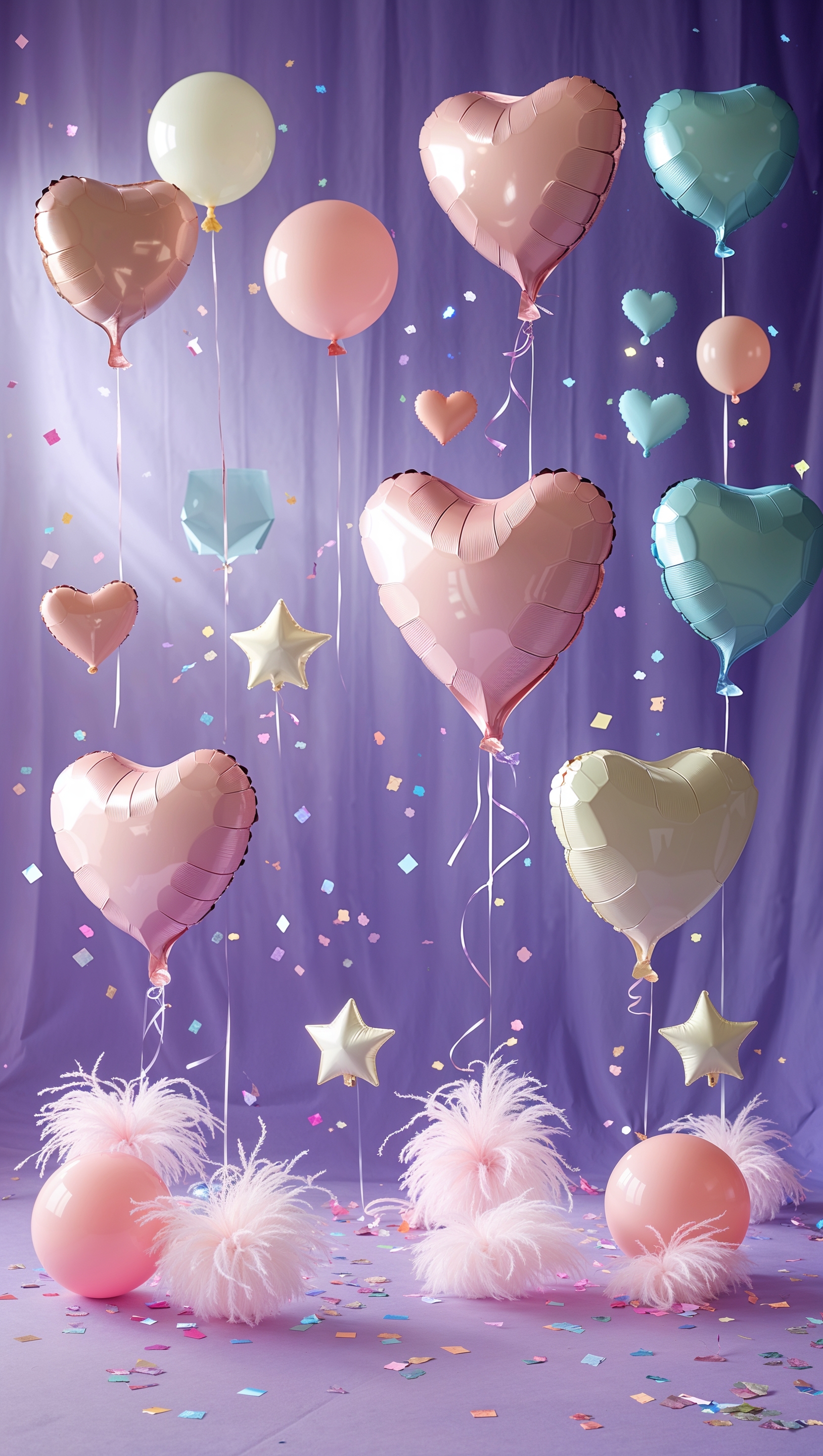 Soft purple background with floating balloons and confetti, girly party vibe