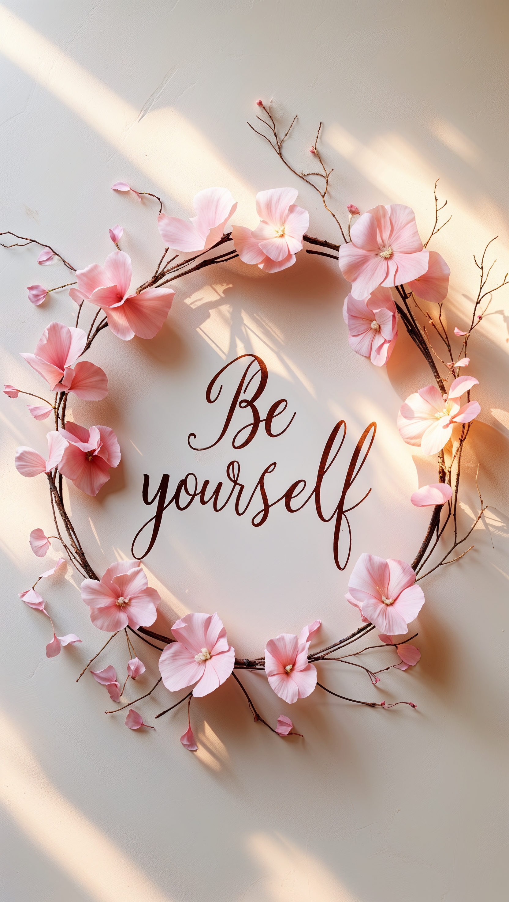Pink floral wreath framing a delicate handwritten quote "Be yourself"