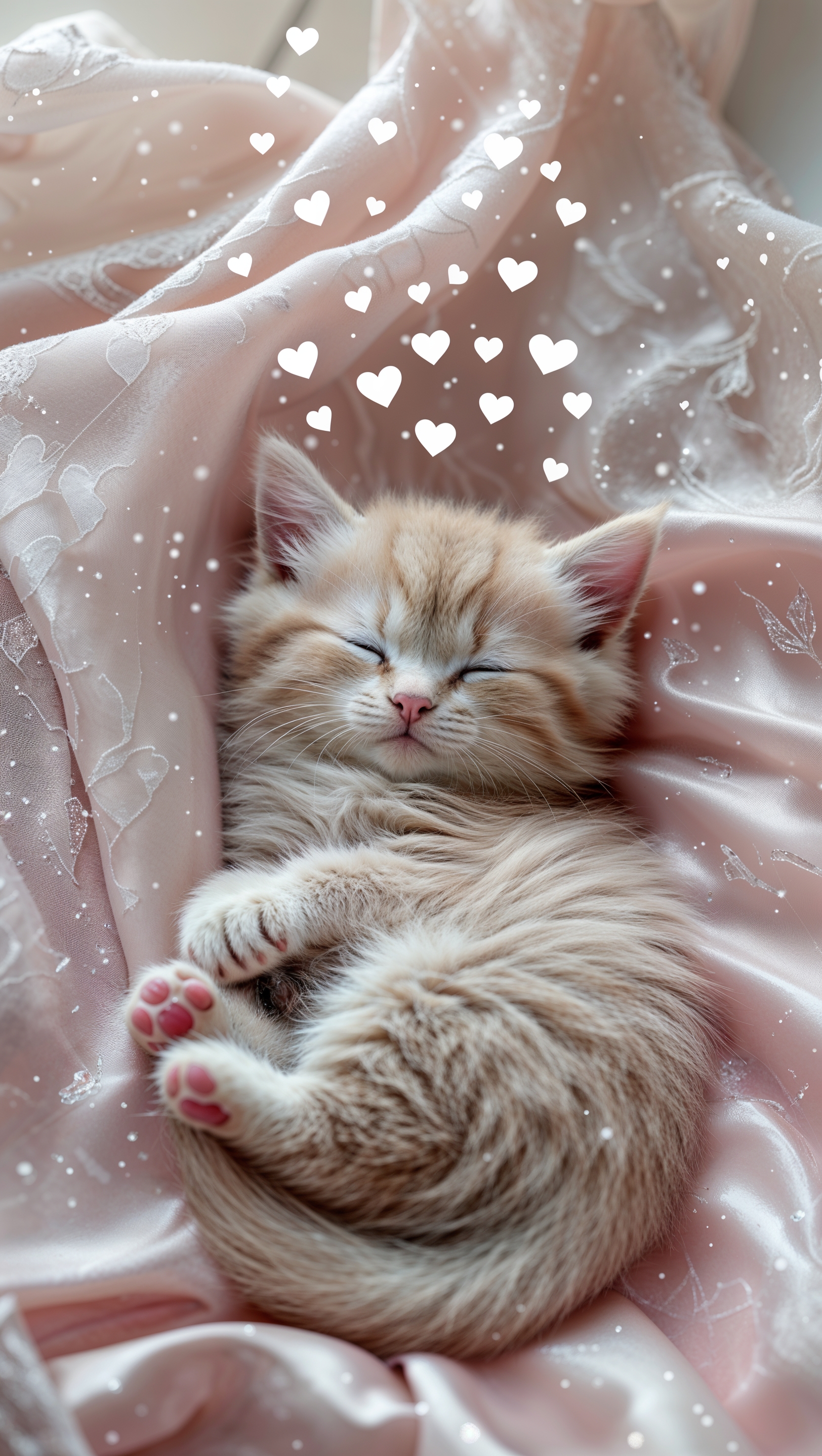 Cute kitten sleeping on a pastel blanket with hearts floating above