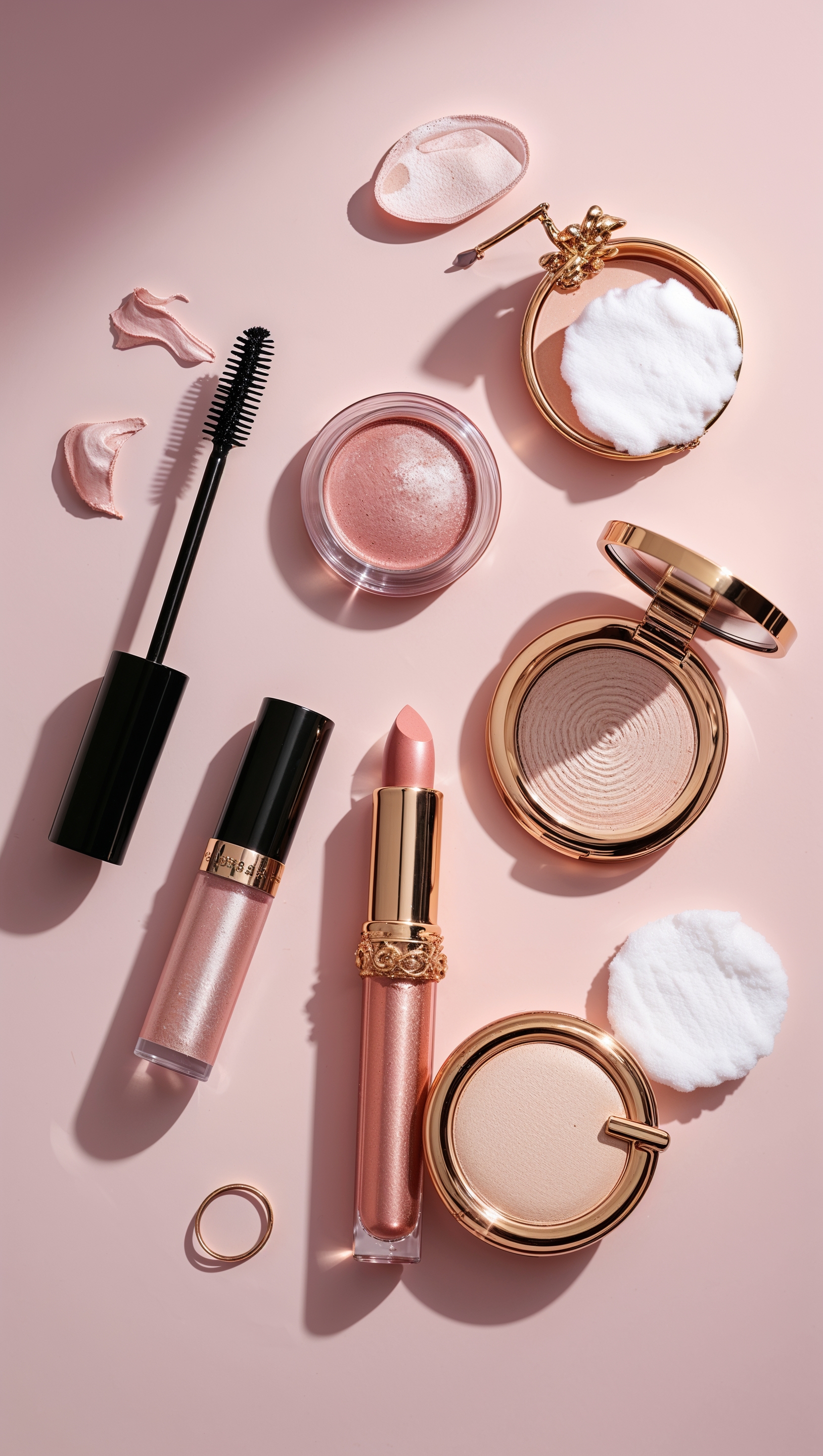 Girly makeup essentials flat lay with soft pink background