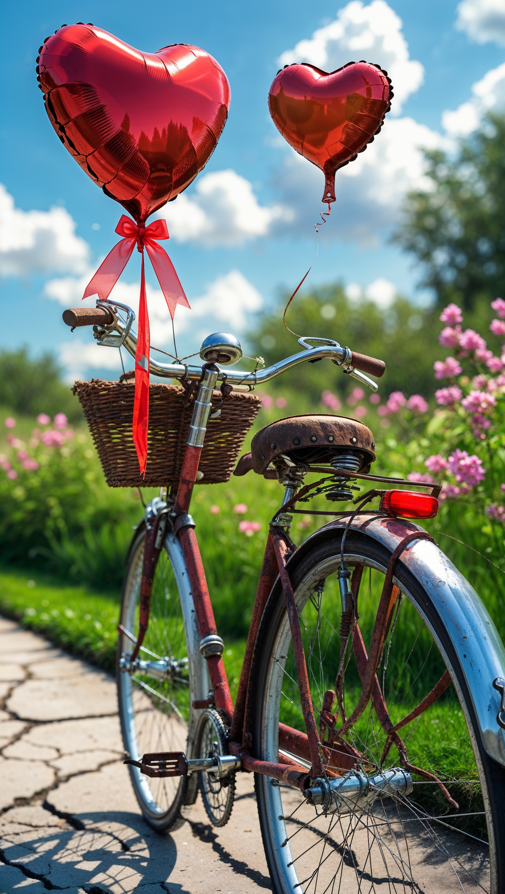 Heart-shaped balloons tied to a vintage bicycle on a sunny day