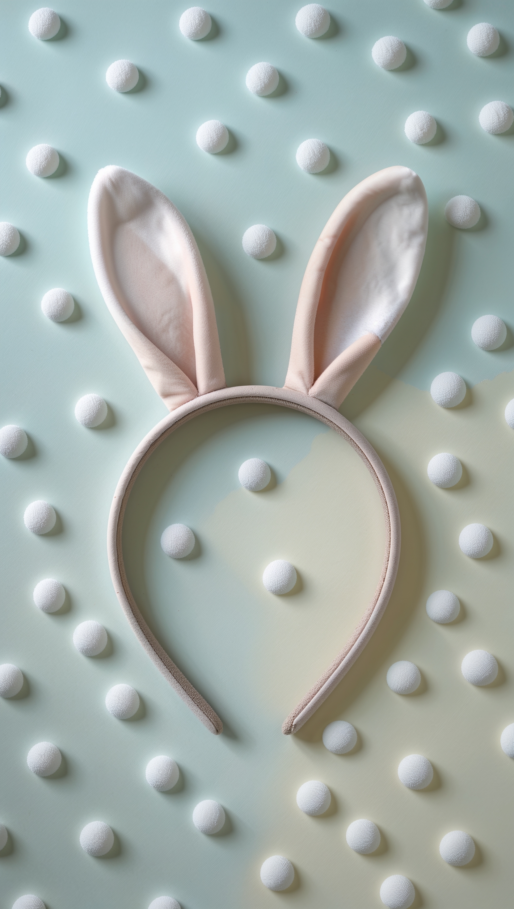 Cute bunny ears headband on pastel blue background with polka dots