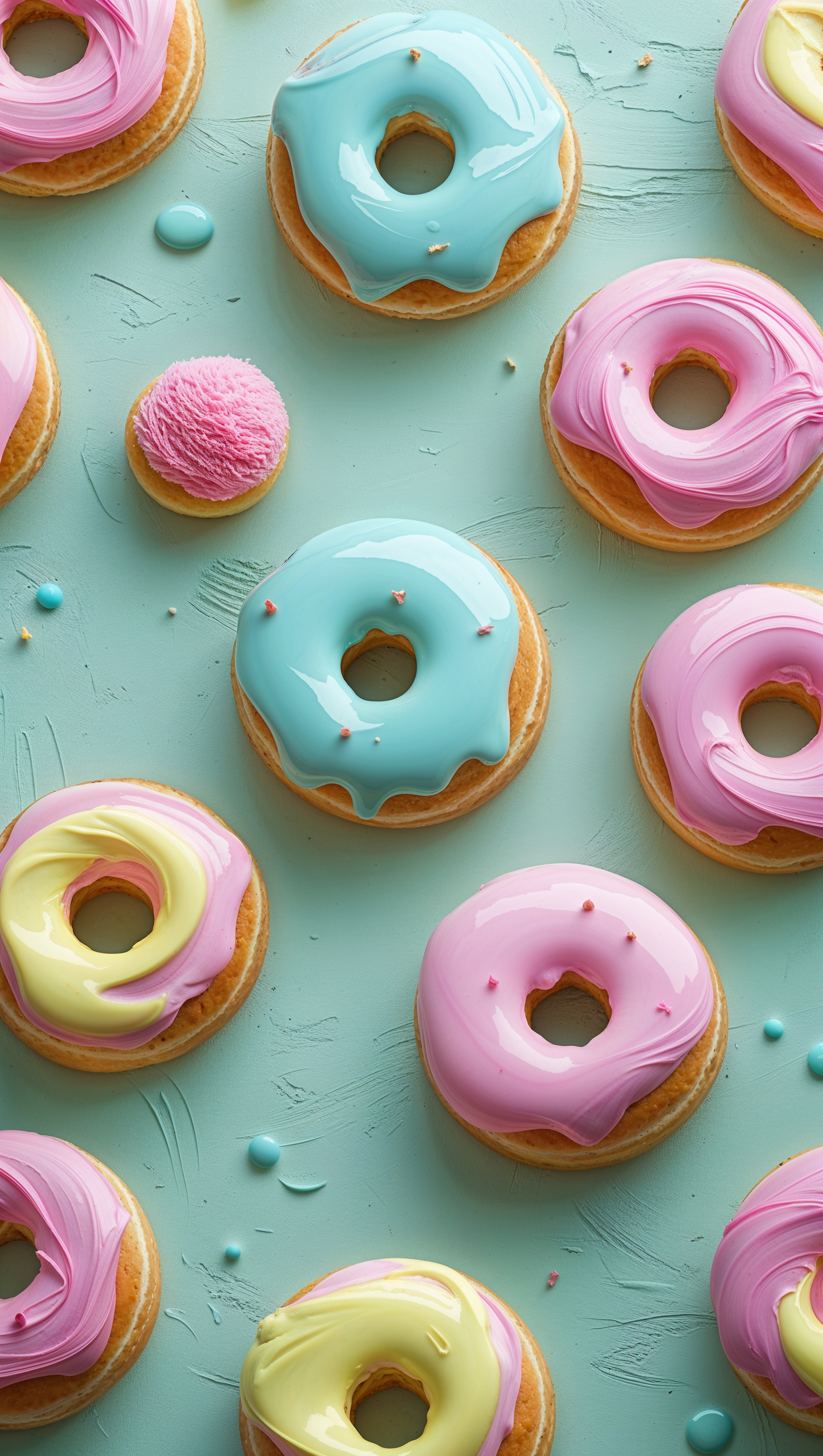 Cute donut pattern with colorful icing on mint green background