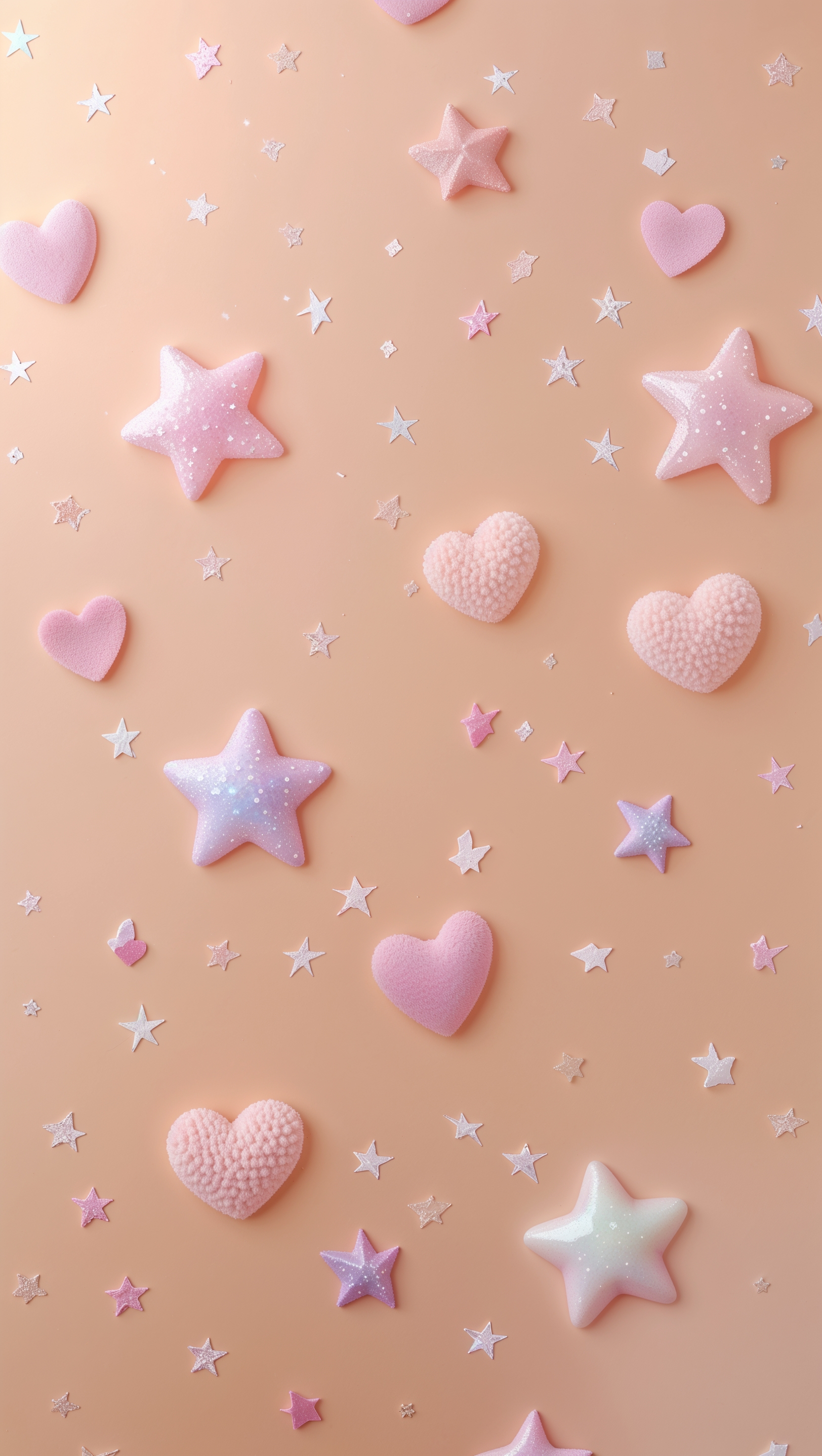 Tiny pastel stars and hearts mixed on pale peach background