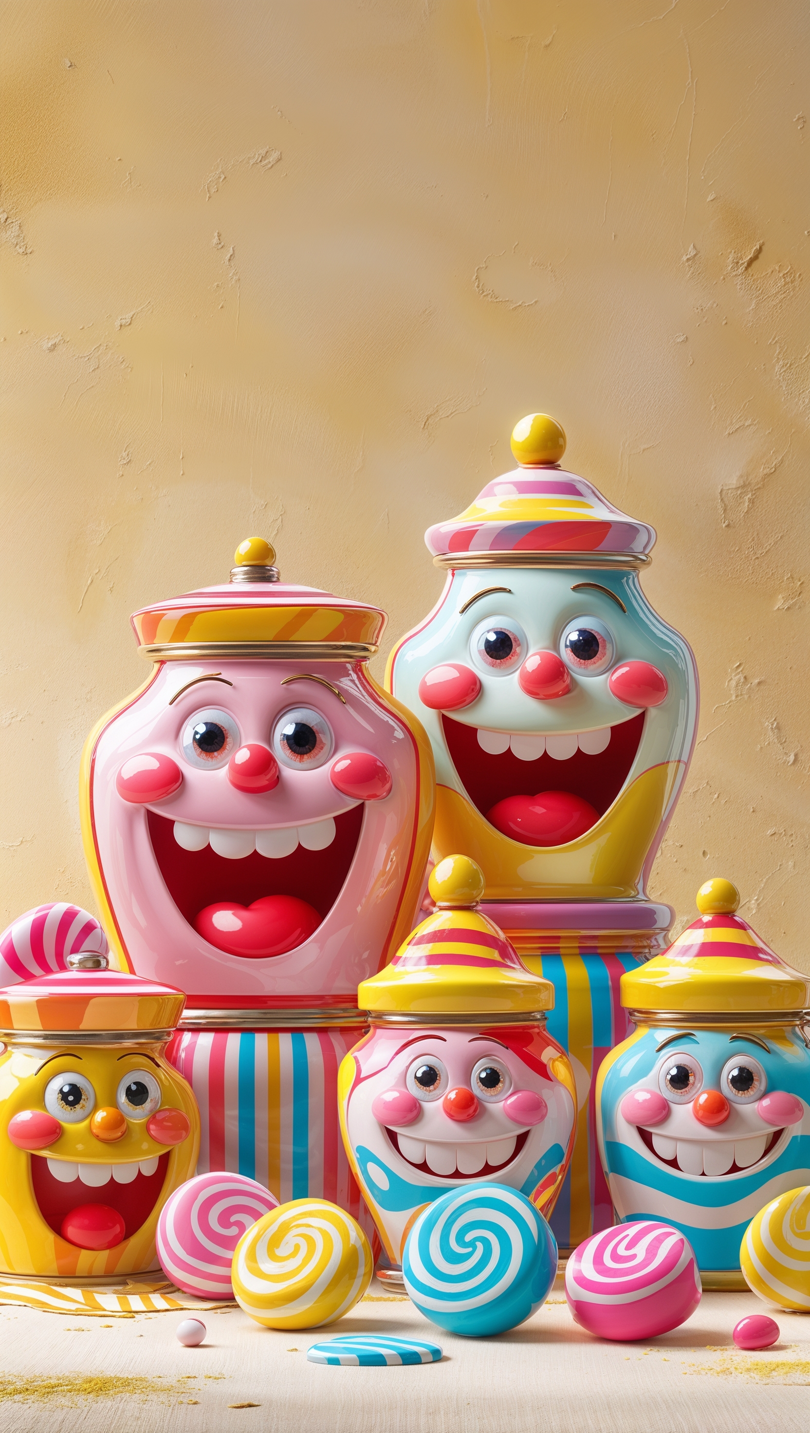 Cartoon candy jars with smiling faces on pastel yellow background