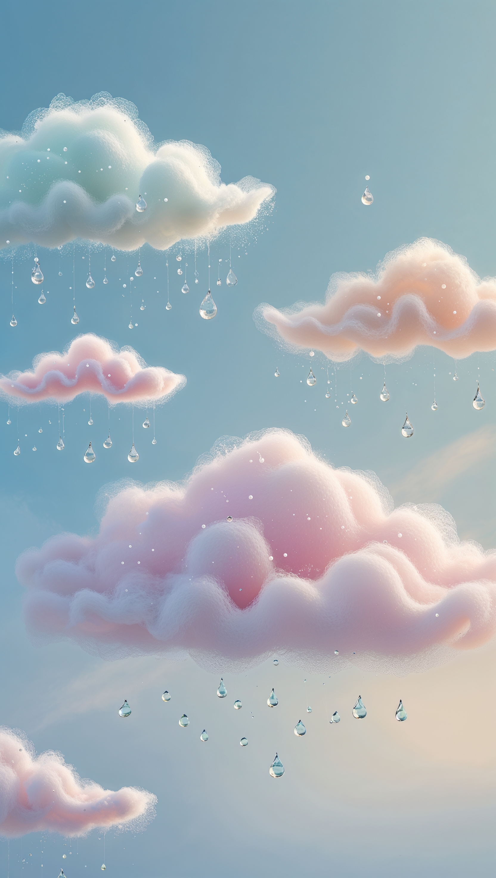 Soft pastel clouds with gentle rain drops on baby blue background