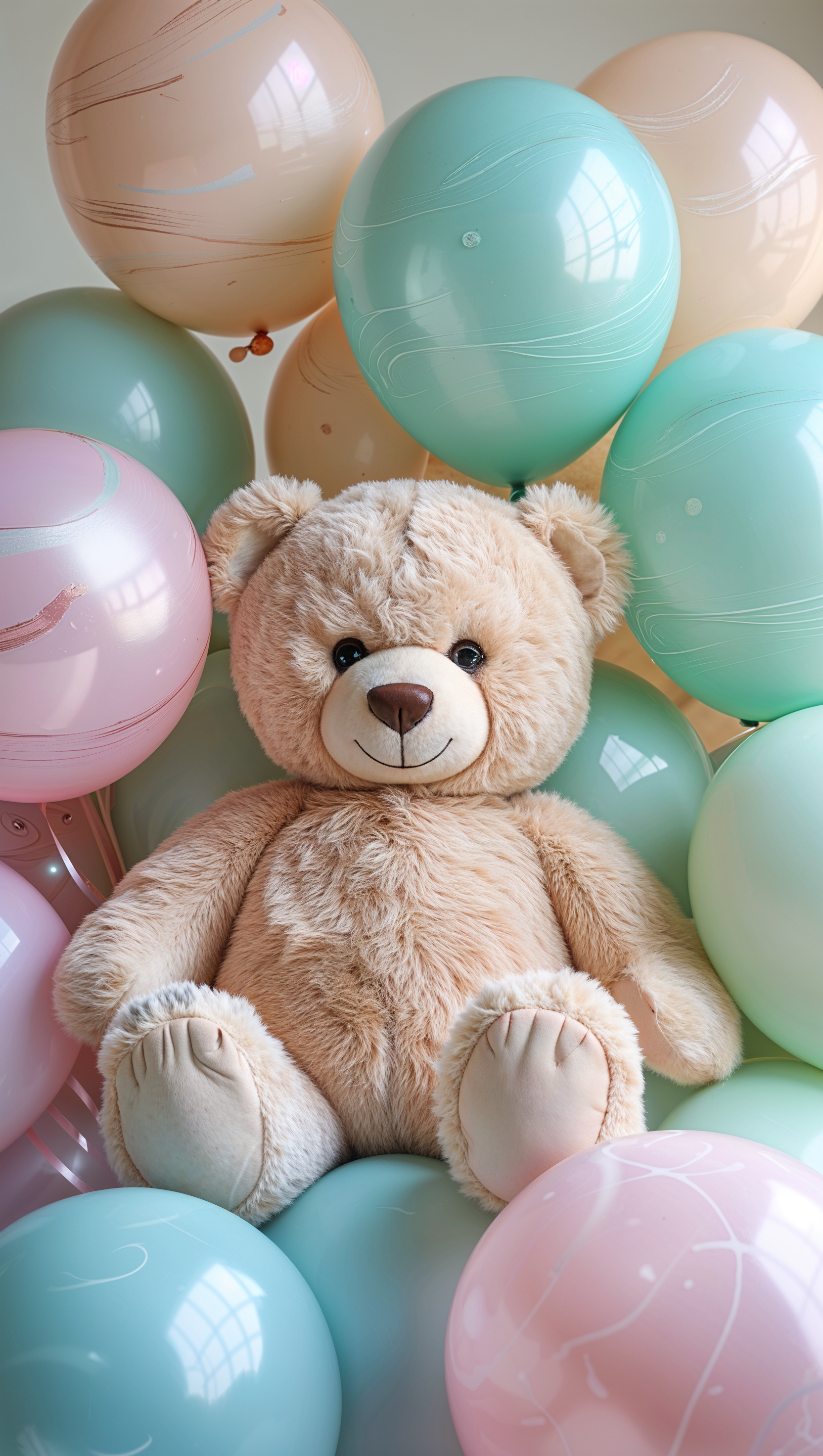 Cute teddy bear sitting among pastel-colored balloons