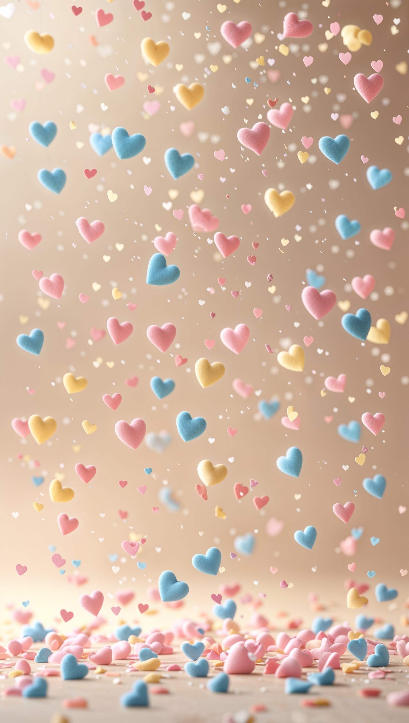 Tiny pastel hearts raining down on light beige background