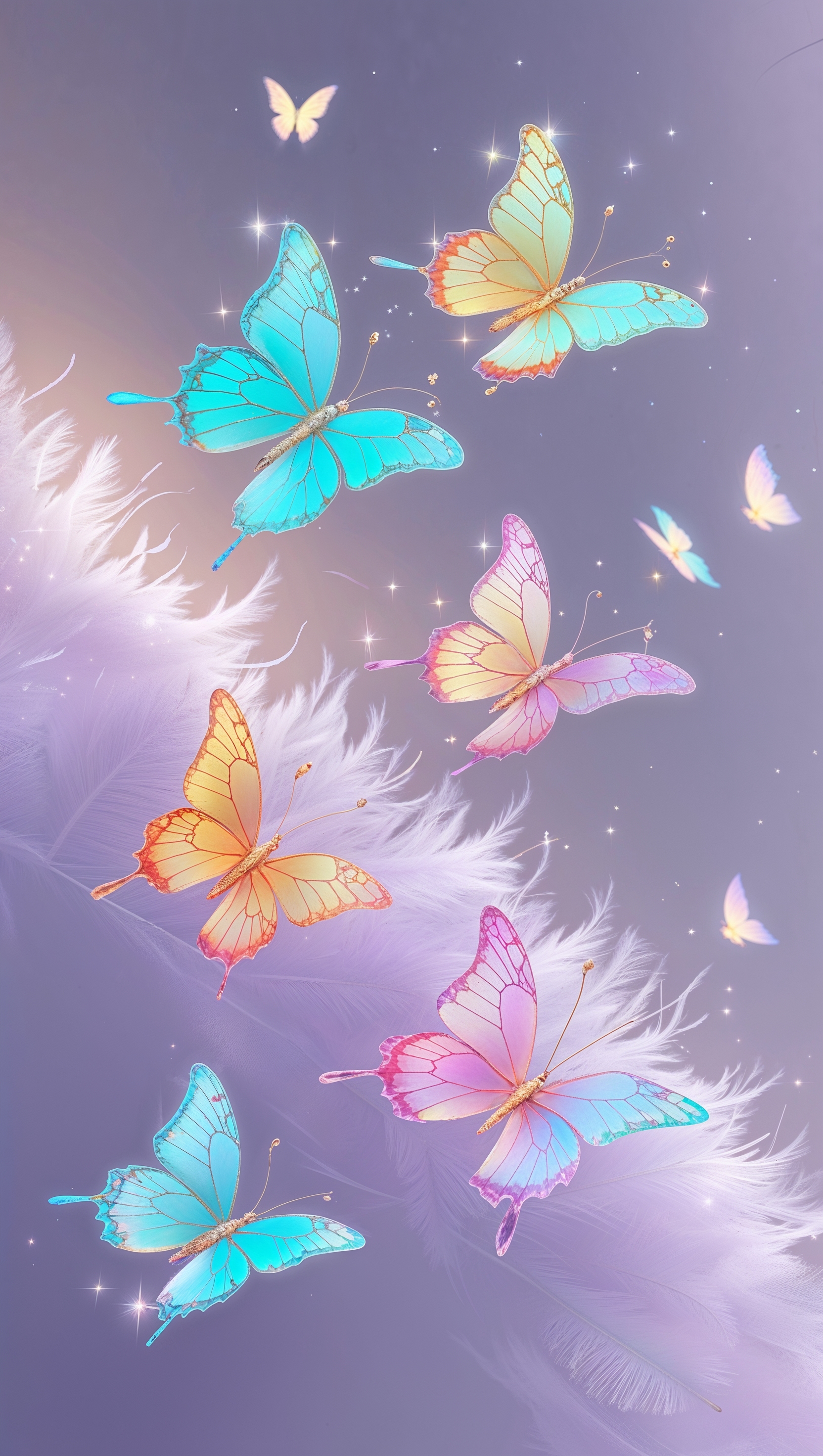 Small colorful butterflies fluttering on pale lavender background
