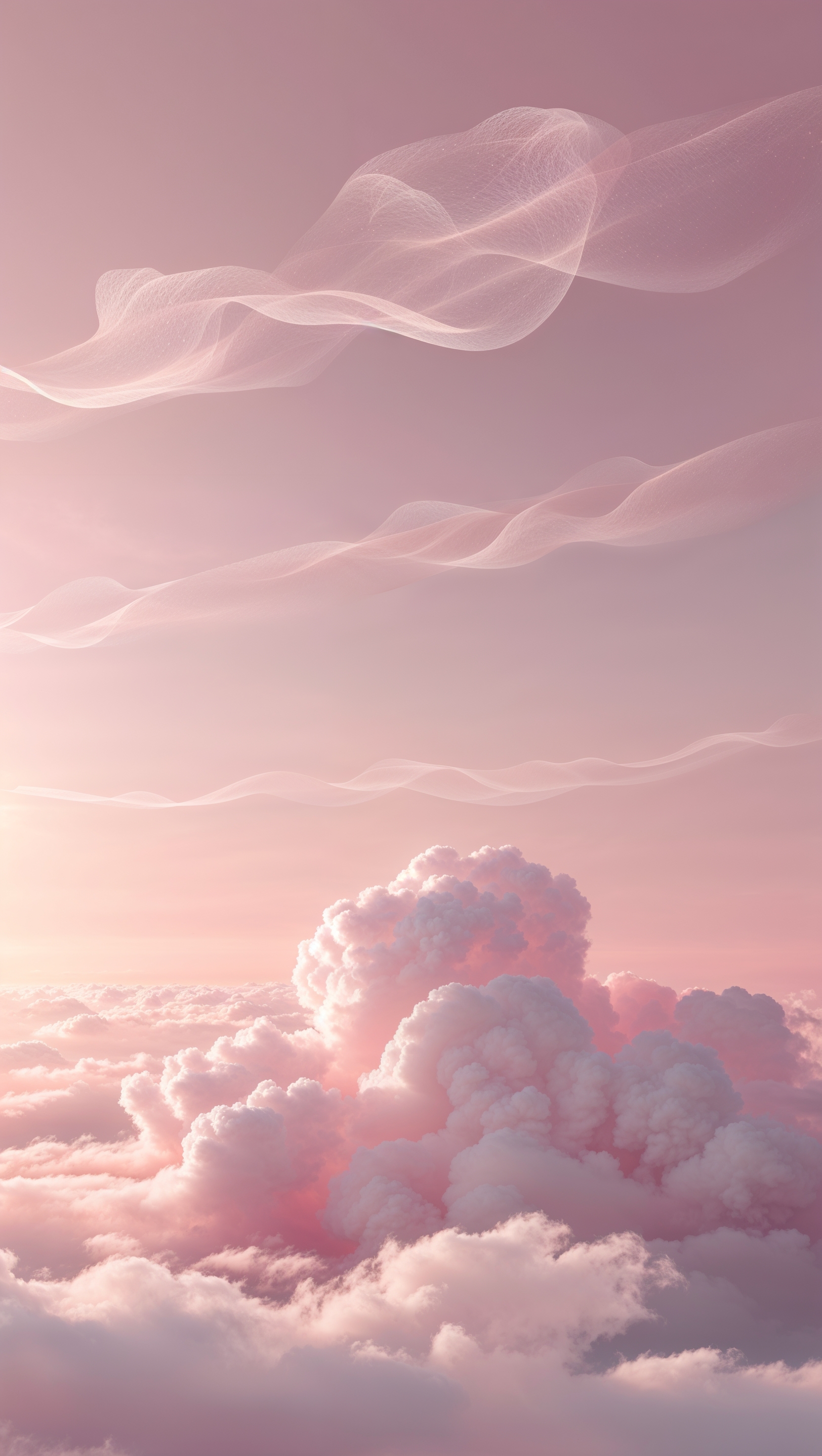 Fluffy white clouds drifting on pastel pink sky