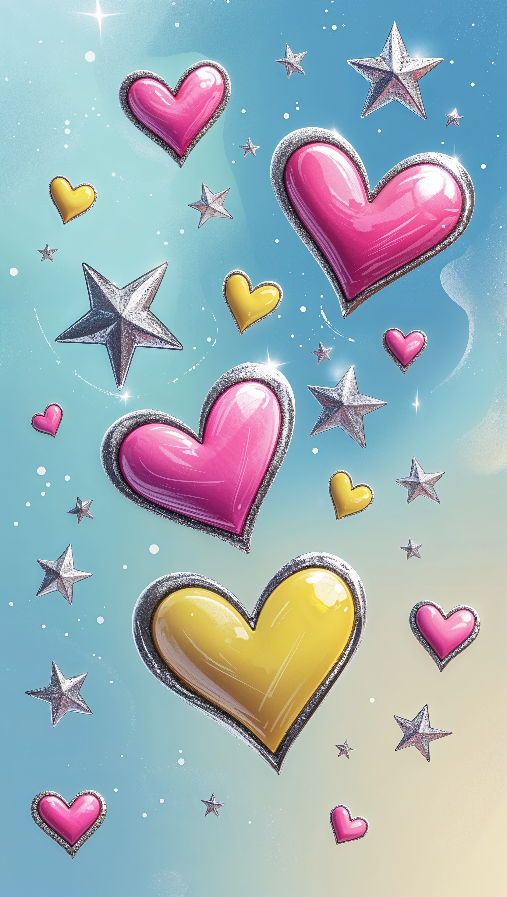 Doodle hearts and stars floating over soft blue background
