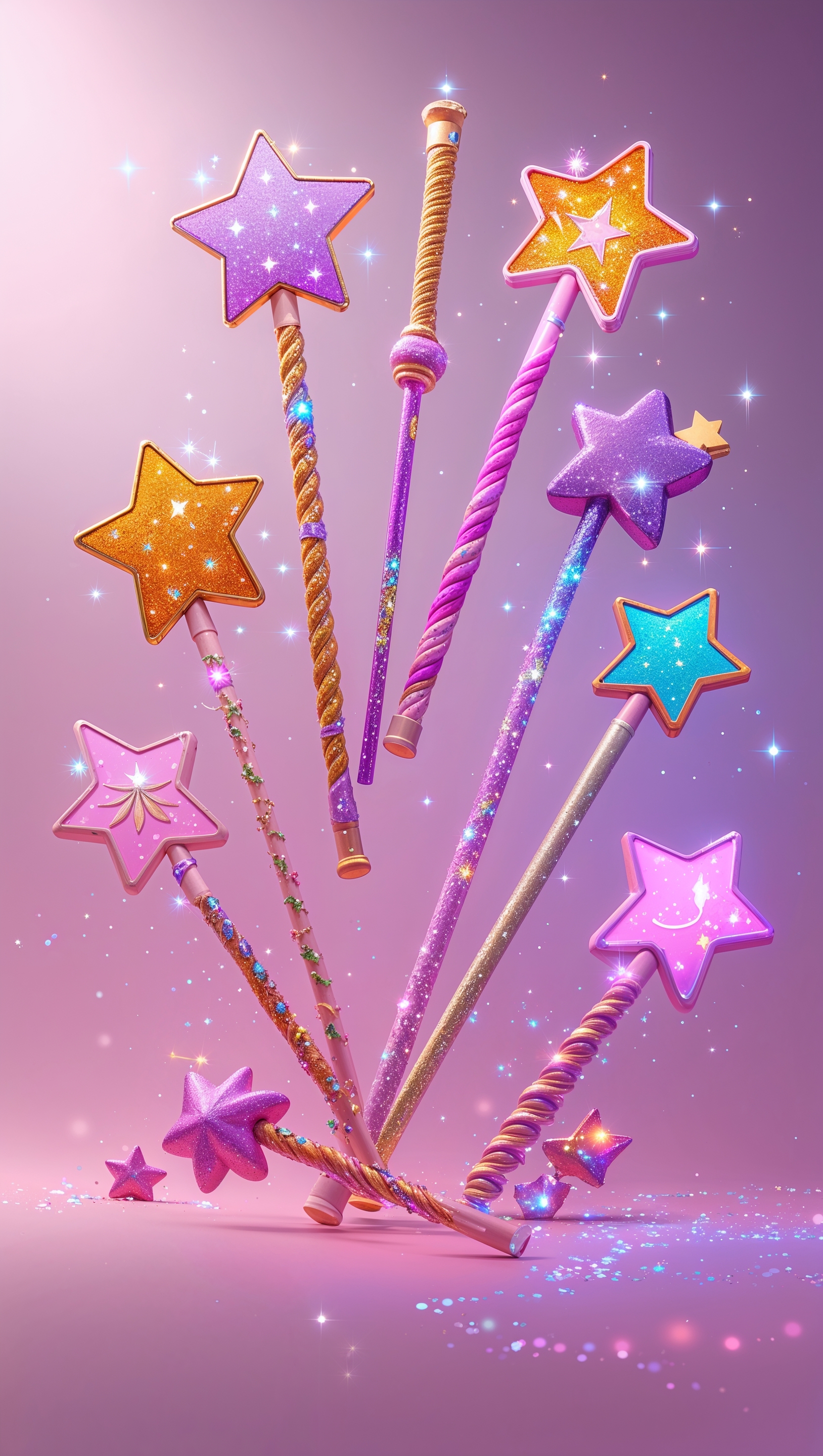 Cartoon fairy wands with stars and glitter on soft pink backdrop