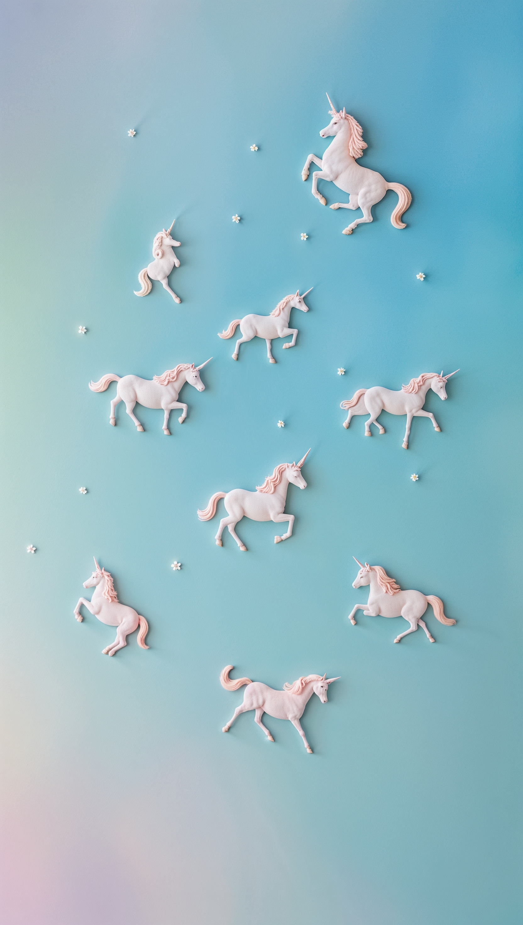 Tiny unicorn silhouettes scattered on pastel blue background