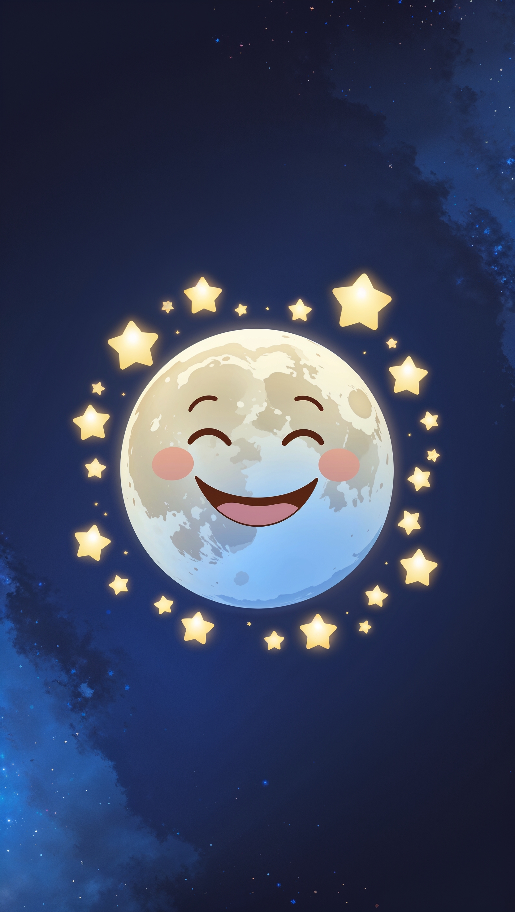 Cute smiling moon surrounded by glowing stars on navy background