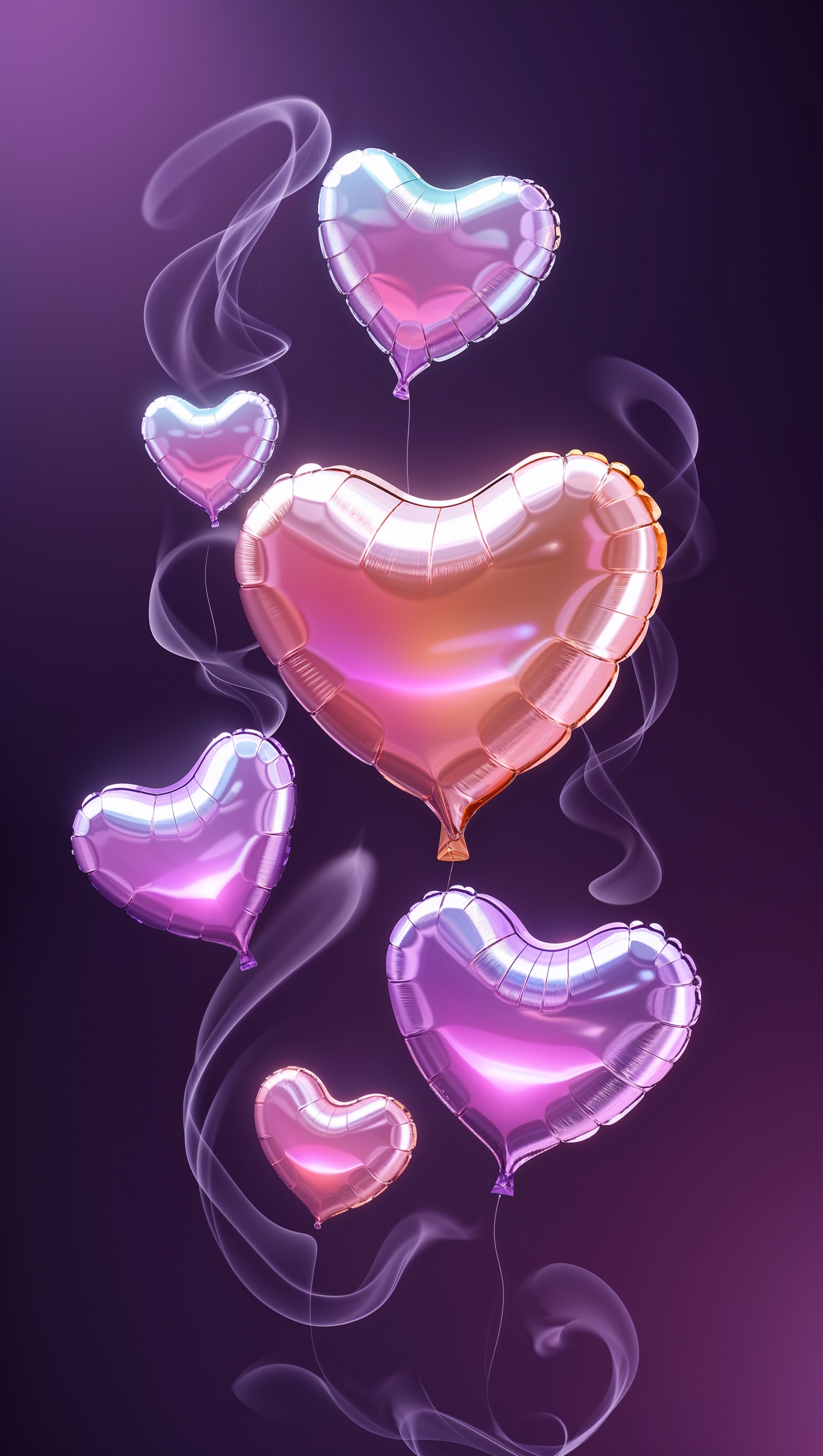Glowing heart-shaped balloons floating on dark purple background