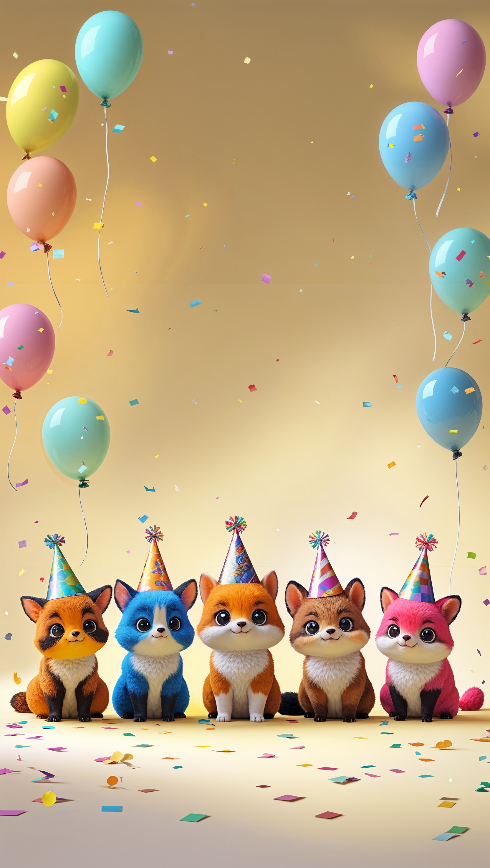 Chibi-style animals wearing party hats on soft yellow background