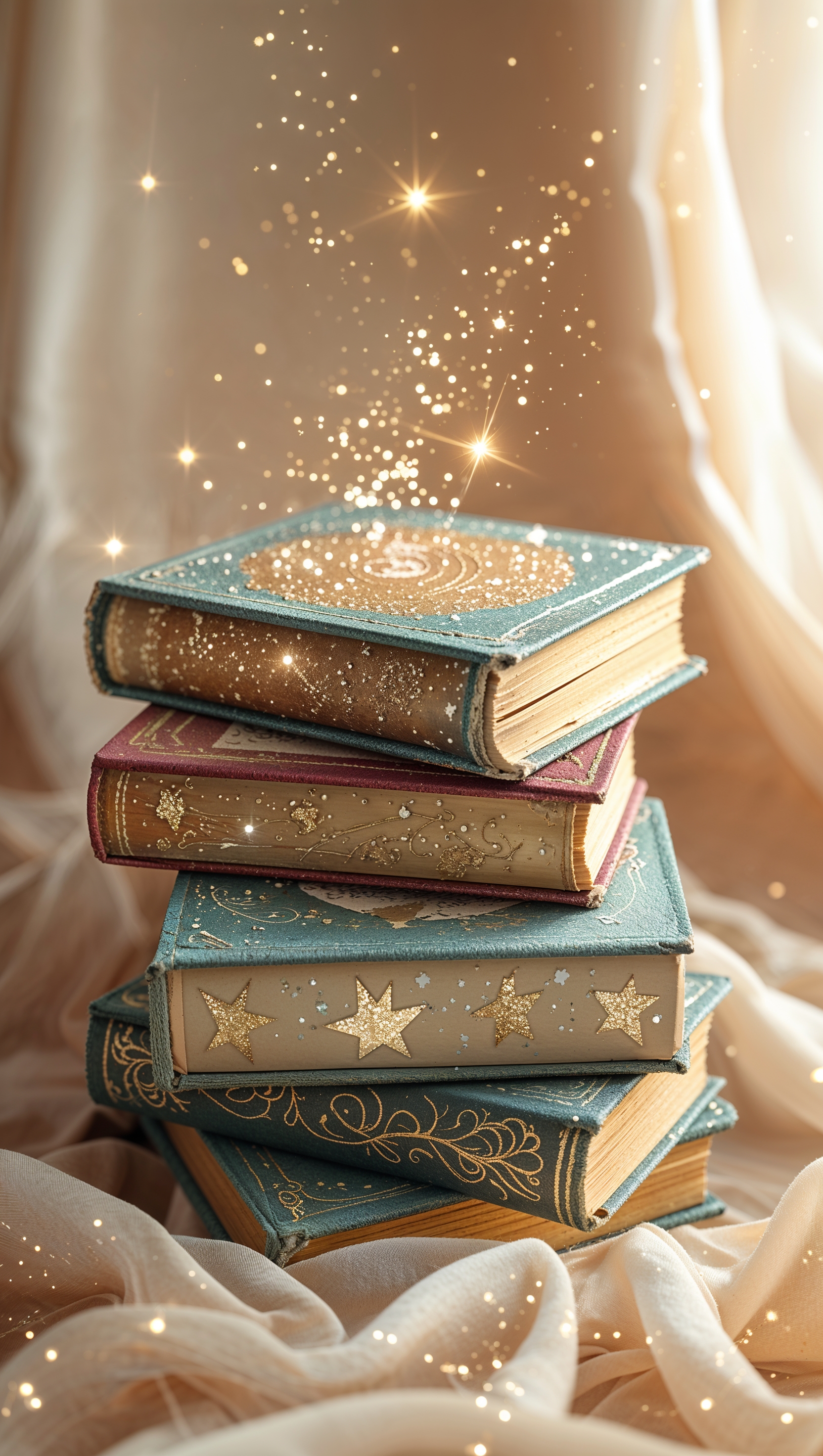 Cute magical books with stars and sparkles on pastel cream backdrop