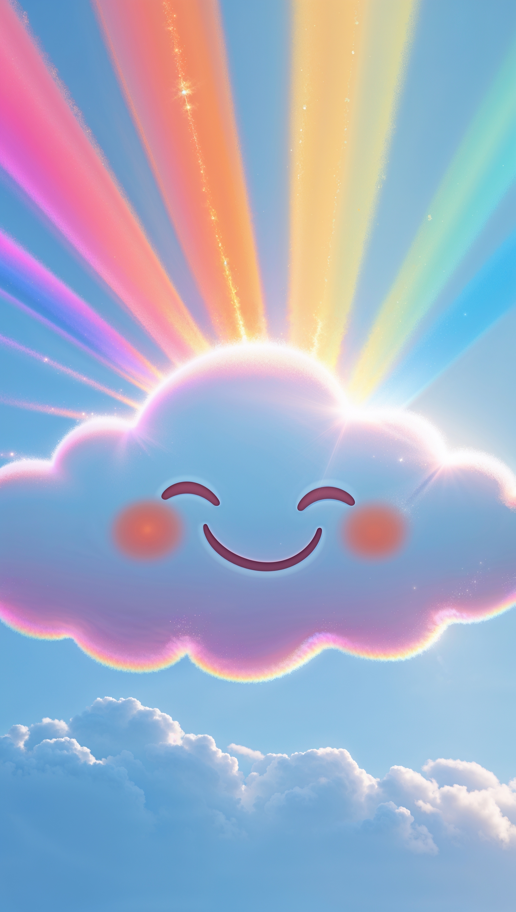 Smiling cloud with rainbow beams on baby blue sky
