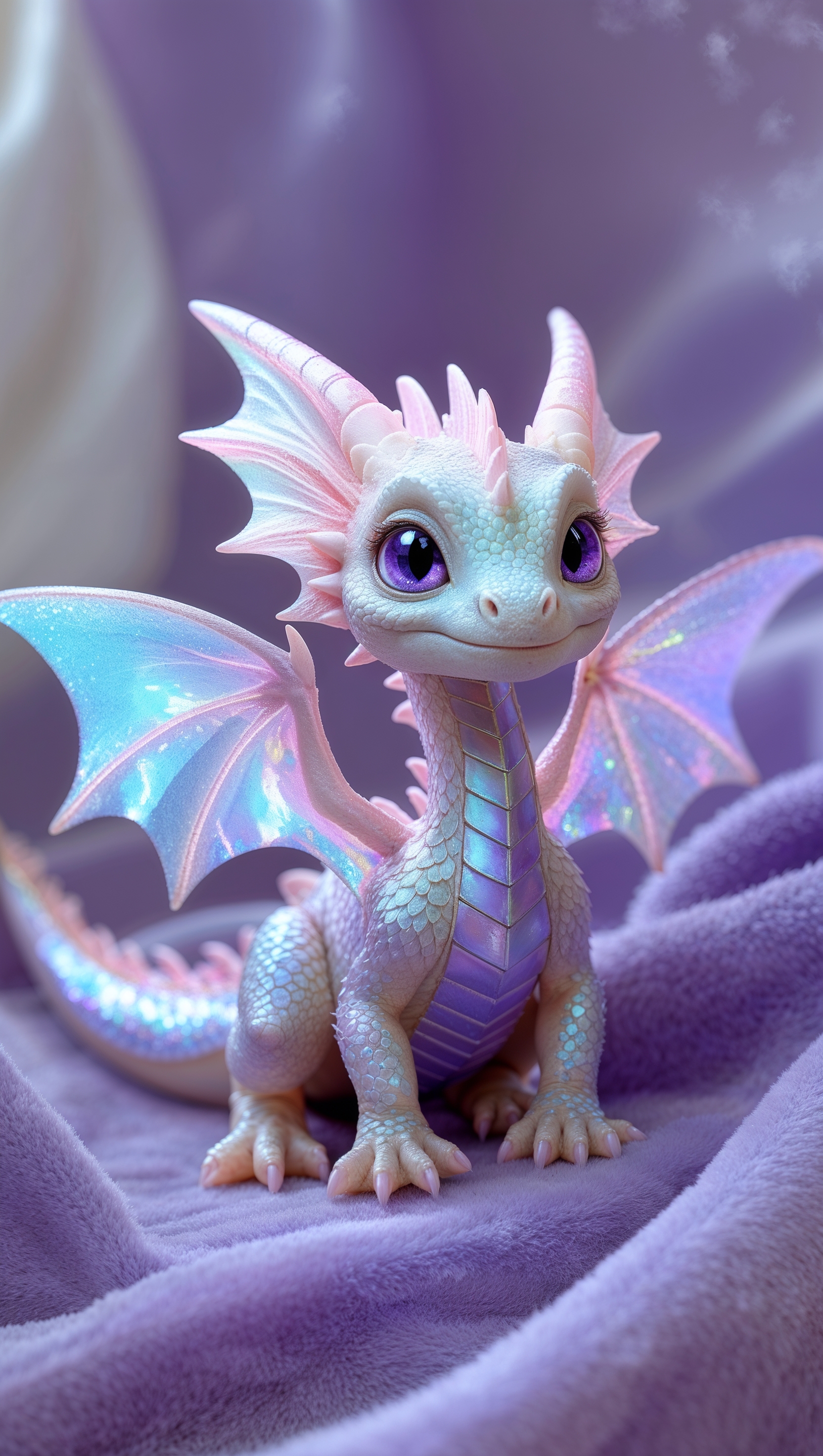 Cute little dragon with sparkly wings on soft lavender backdrop