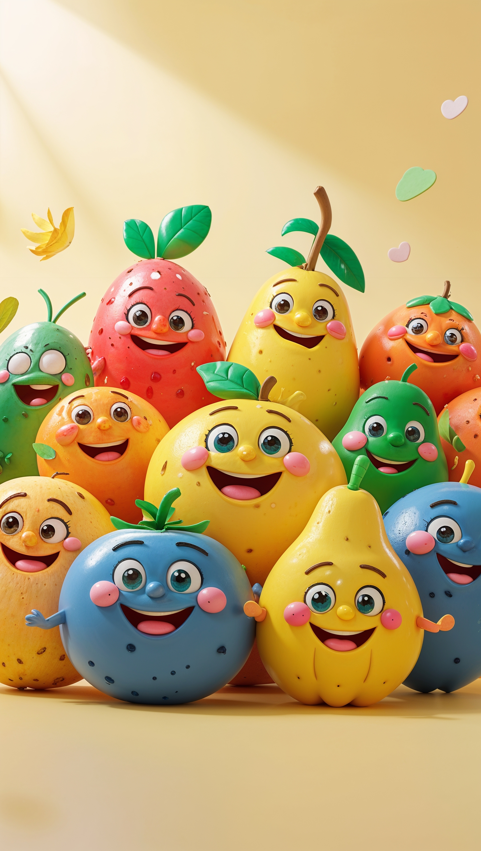 Cute cartoon fruit characters smiling on light yellow background