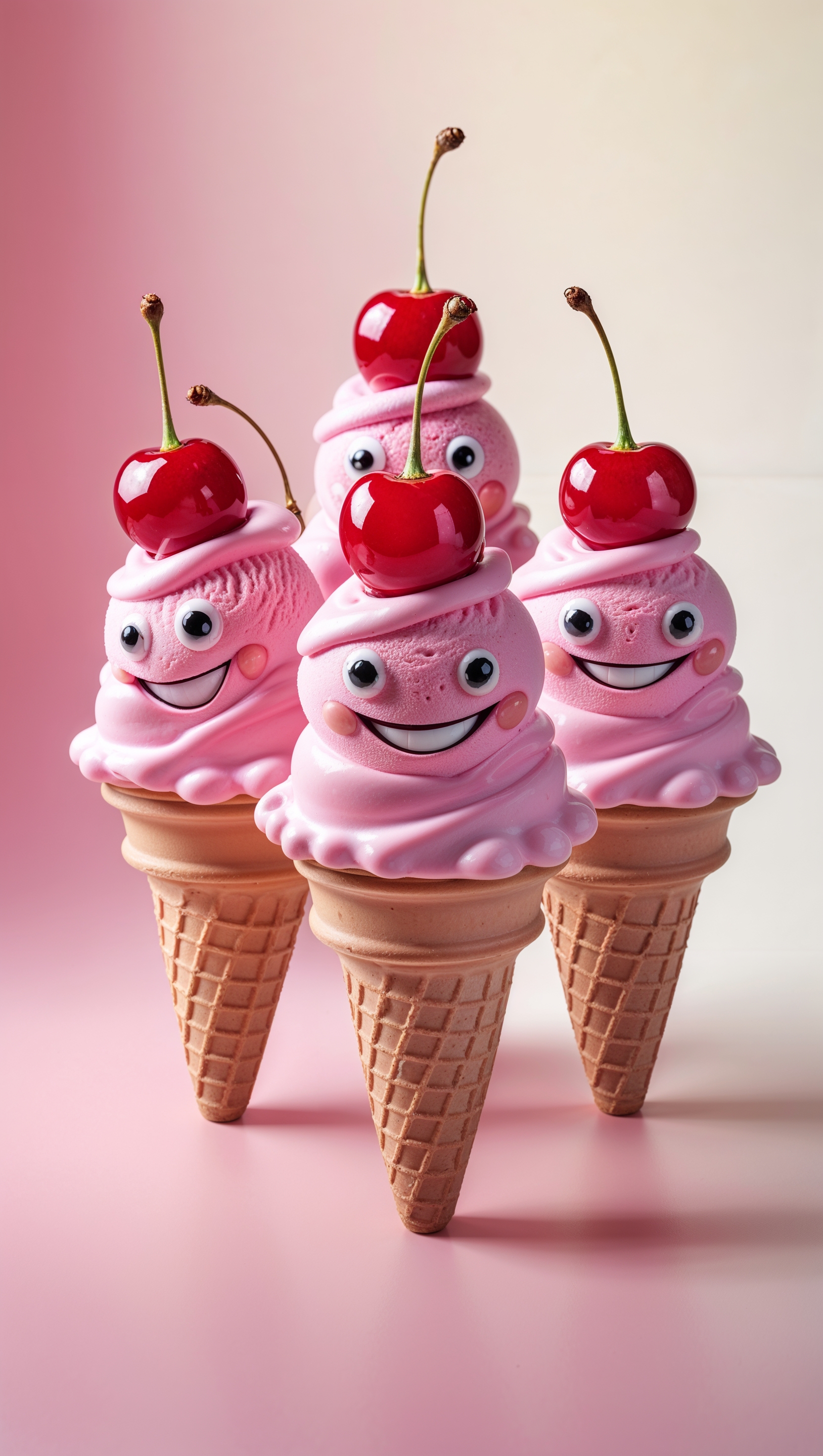 Smiling ice cream cones with cherry toppings on pale pink