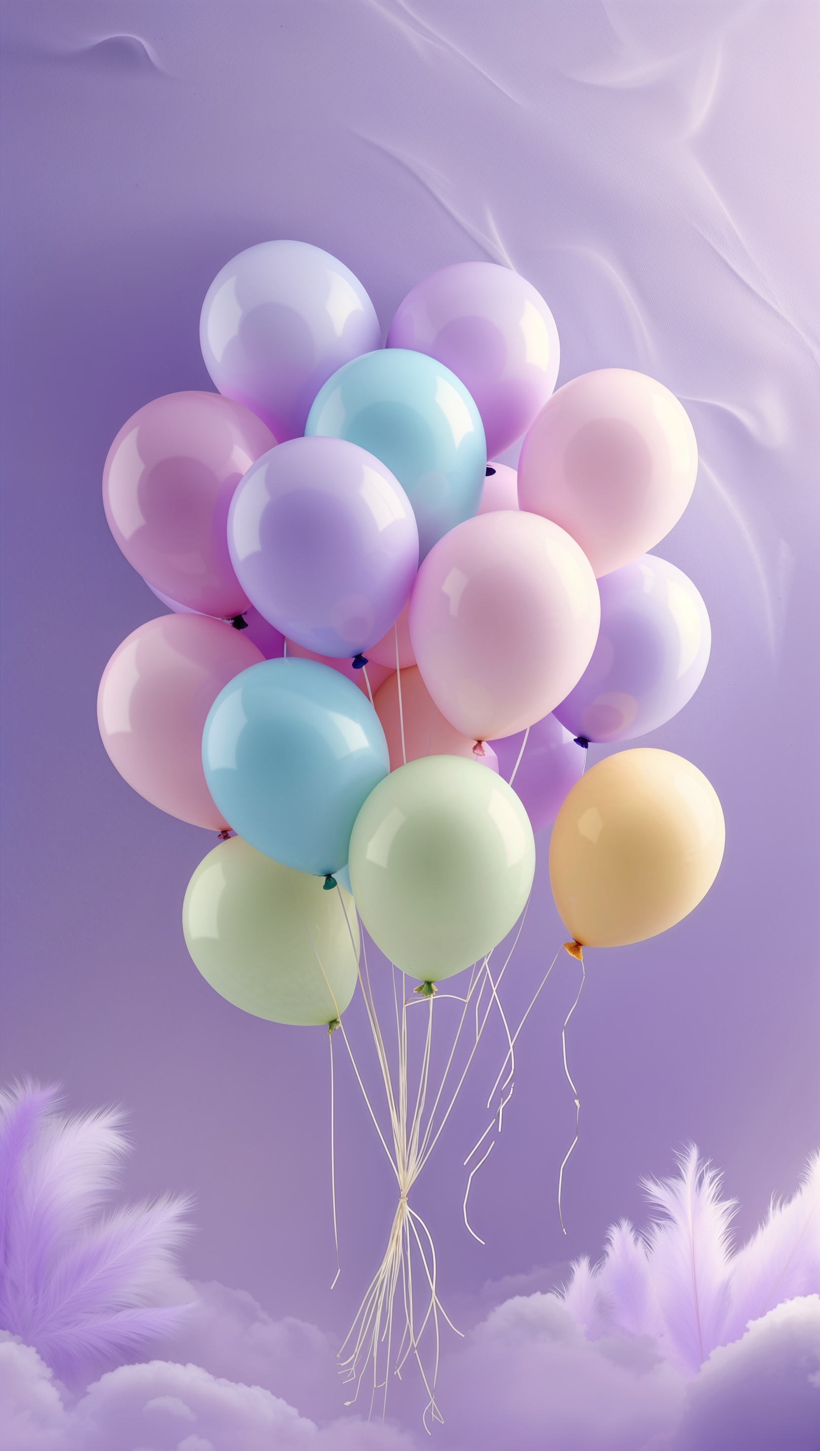 Playful balloons tied together floating over soft lavender backdrop