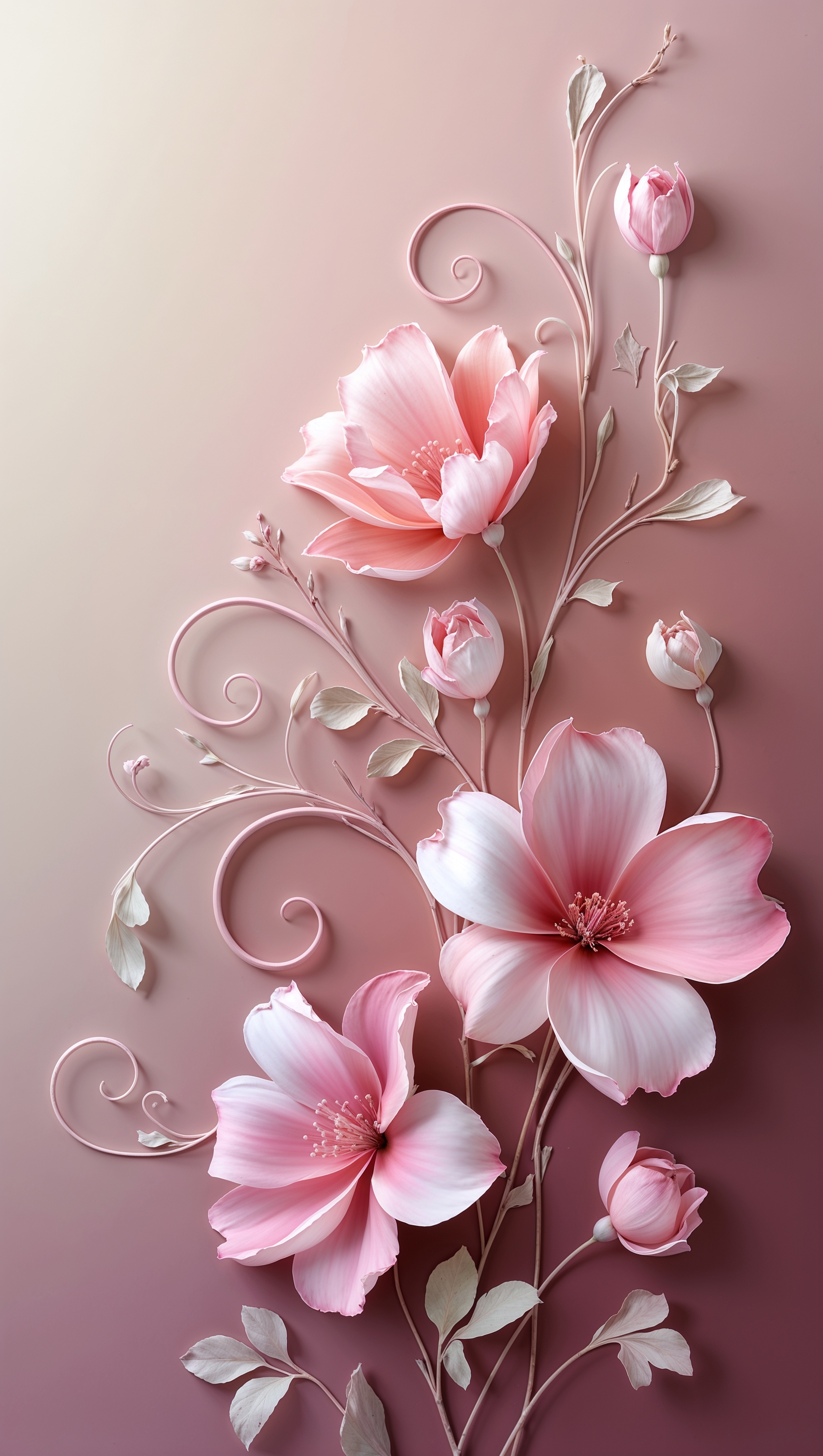 Feminine flower wallpaper with graceful pink tones, elegant curves, and a smooth gradient background