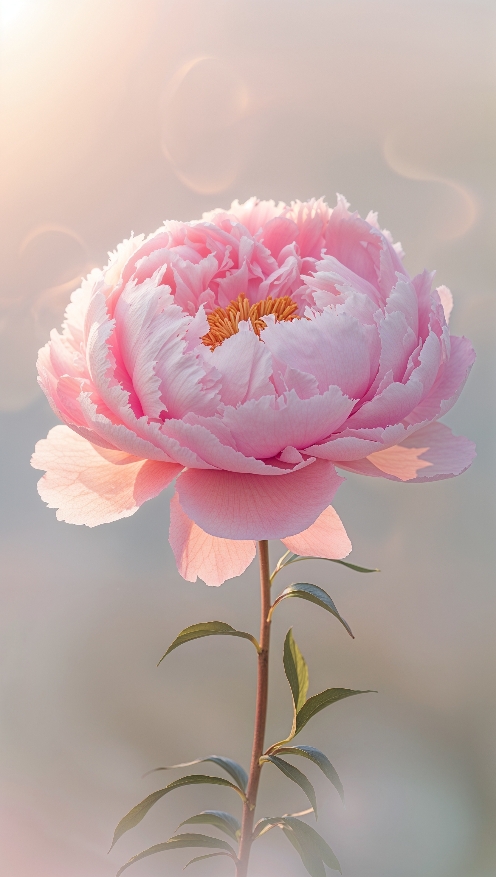 Photorealistic pink peony in bloom with natural sunlight and soft ambient blur behind