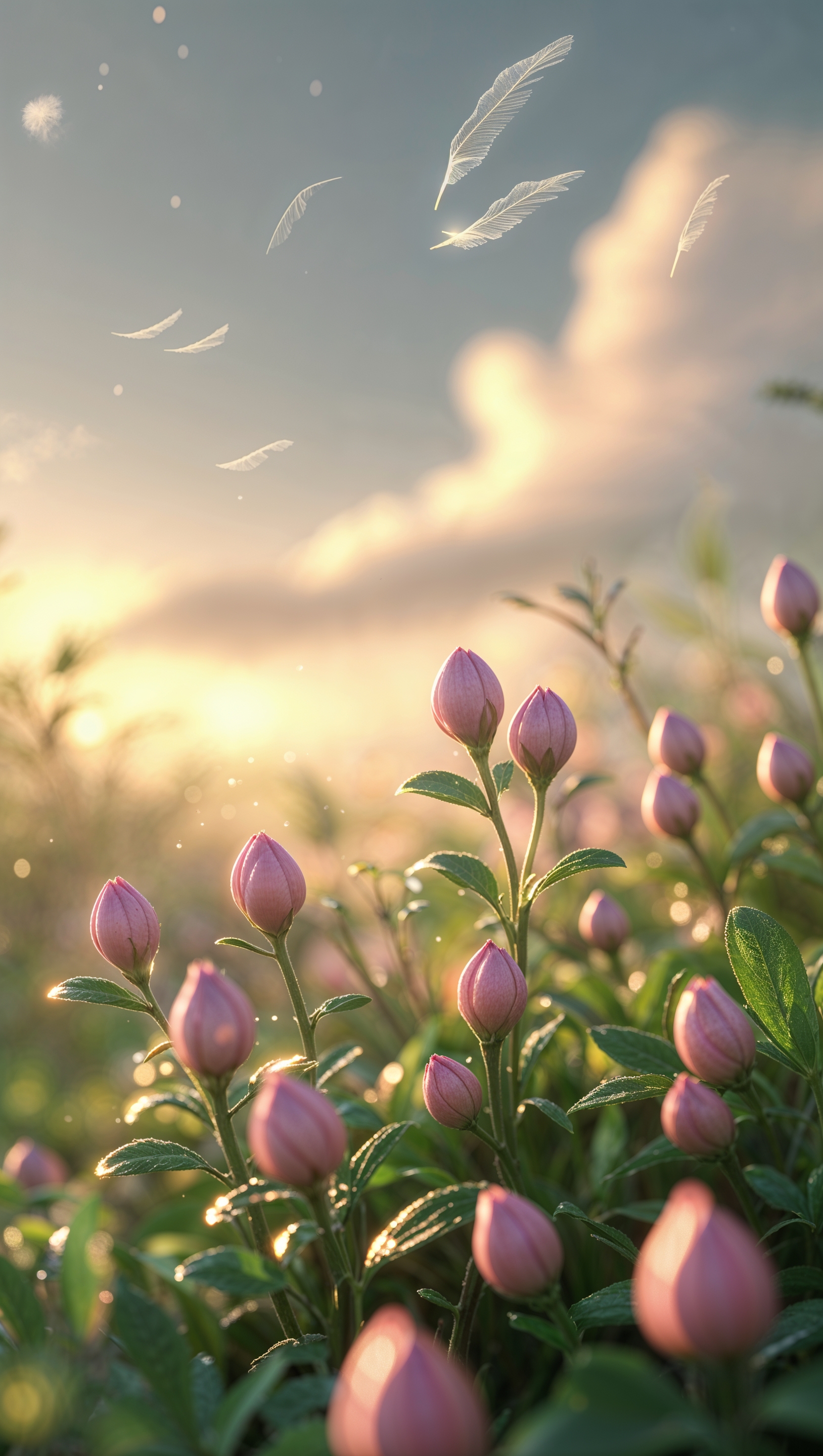 Peaceful floral scenery with tiny pink buds emerging in soft golden hour lighting